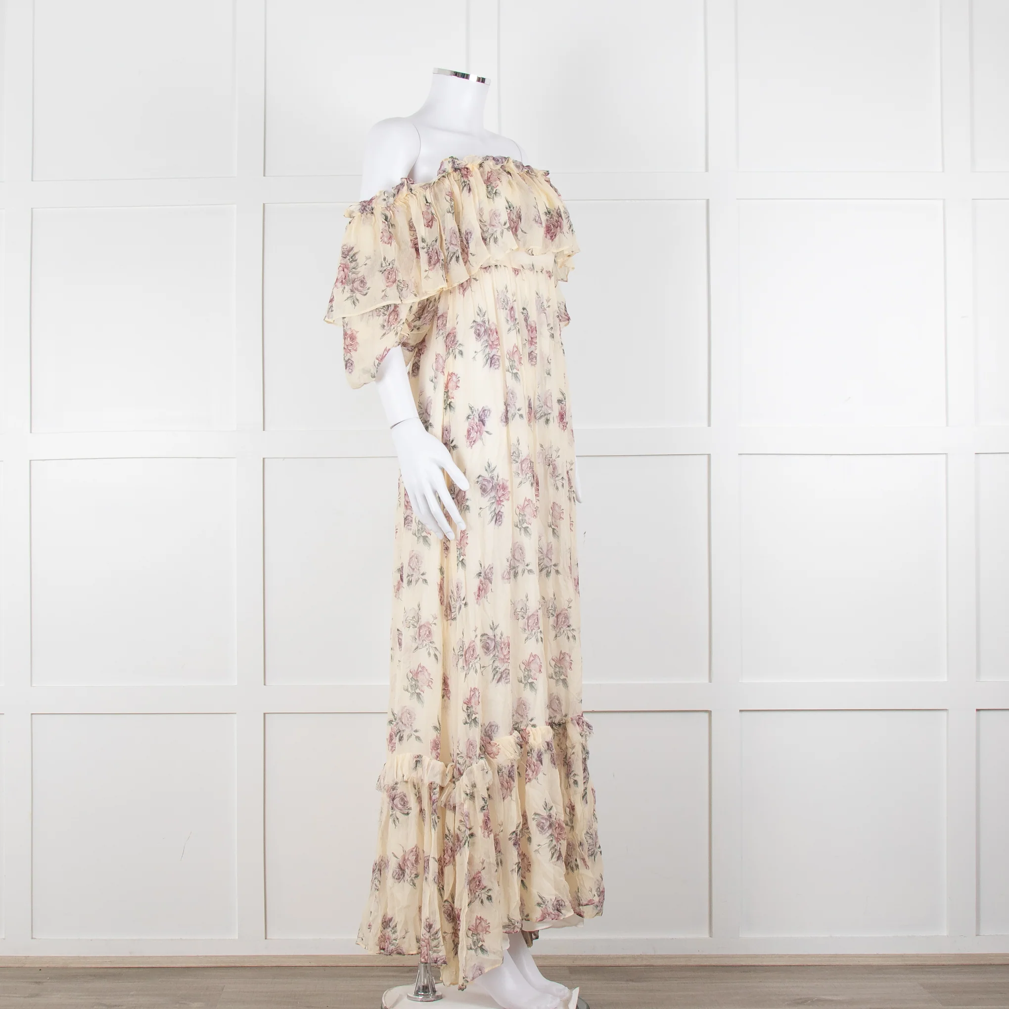 LoveShackFancy Cream Purple Chiffon Off The Shoulder Maxi Dress - Image 8