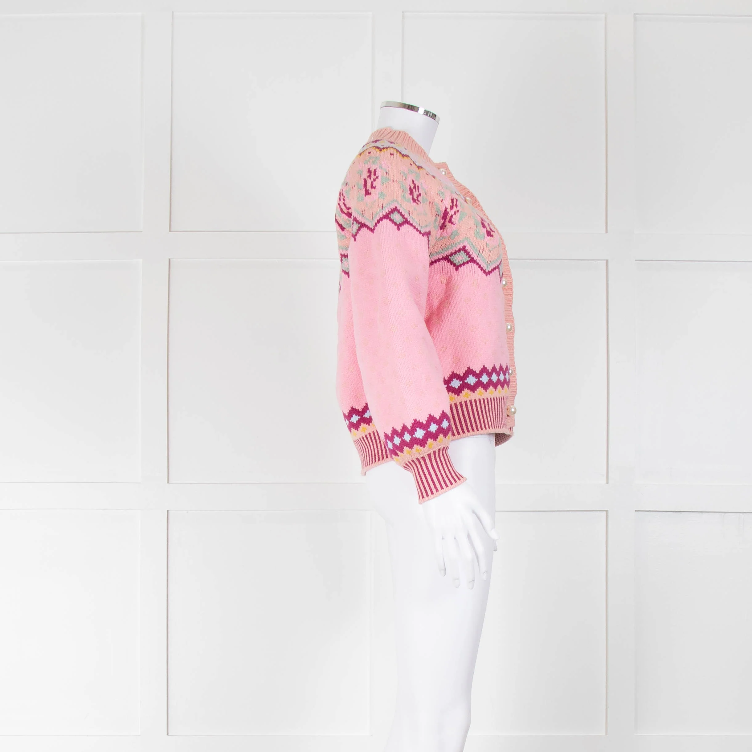 LoveShackFancy Pale Pink Pearl Button Fairisle Boyfriend Cardigan - Image 2