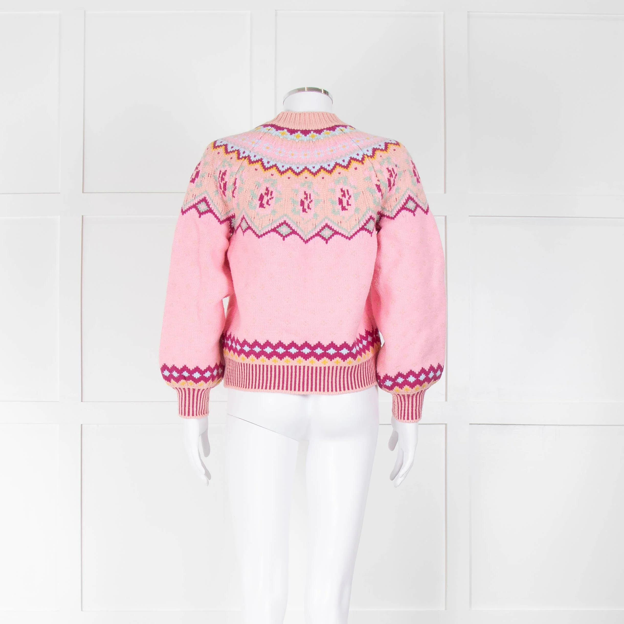 LoveShackFancy Pale Pink Pearl Button Fairisle Boyfriend Cardigan - Image 3