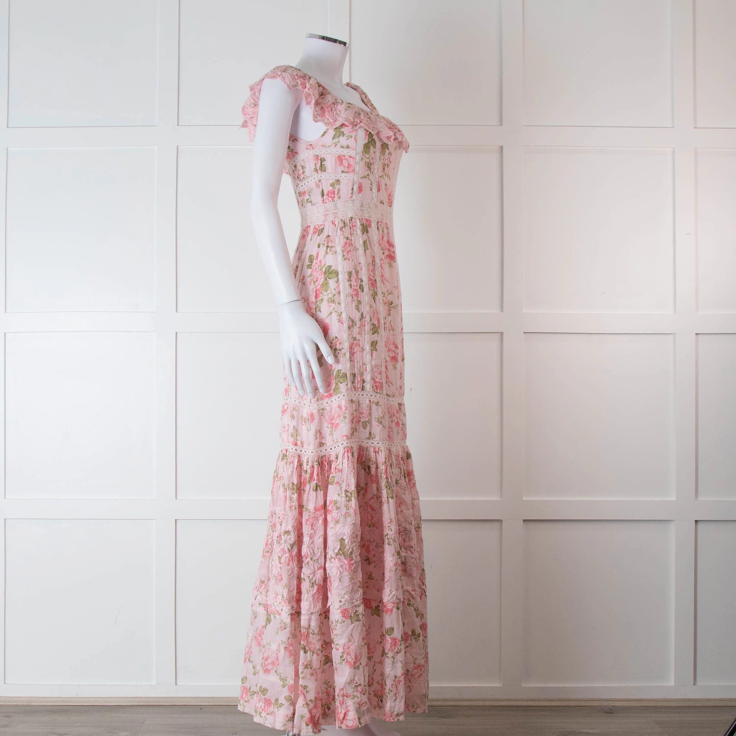 LoveShackFancy Pale Pink Rose Print Cotton Lace Trim Maxi Dress - Image 2