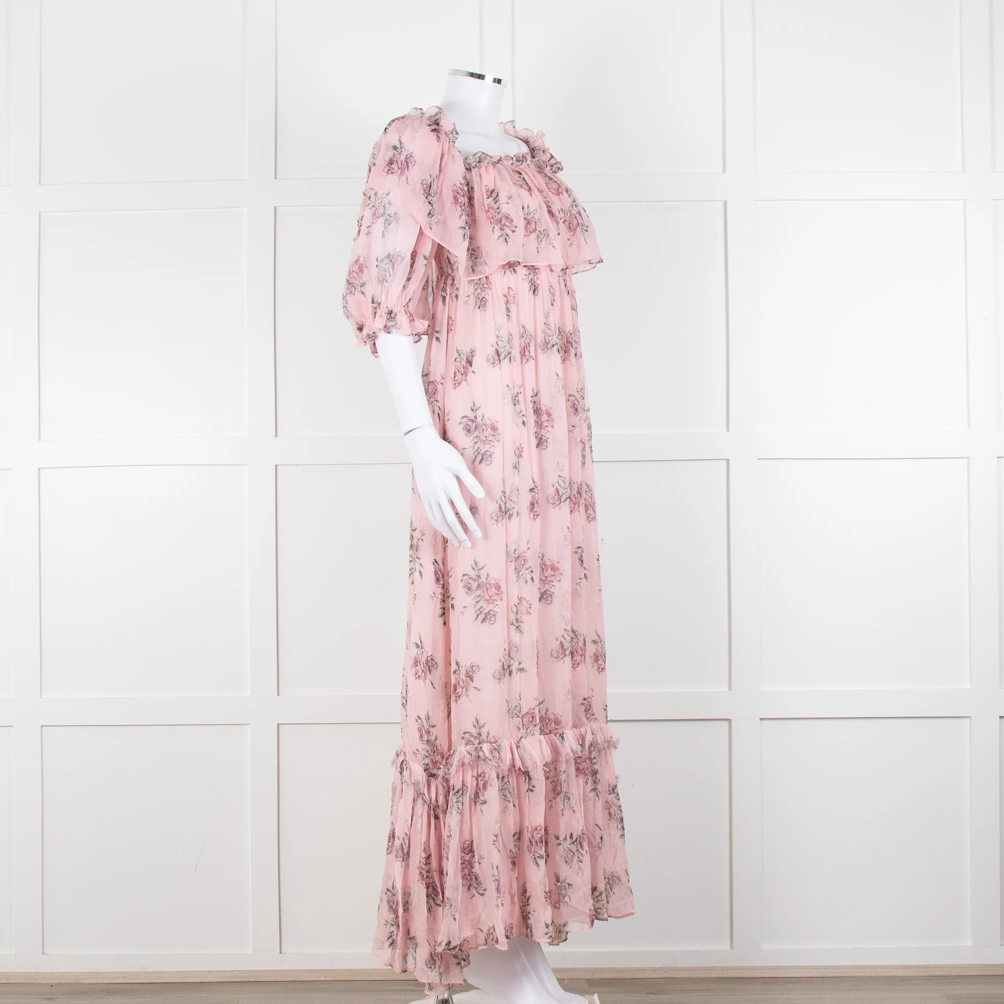 LoveShackFancy Pink Silk Chiffon Flower Print Off The Shoulder Ruffle Maxi Dress - Image 2