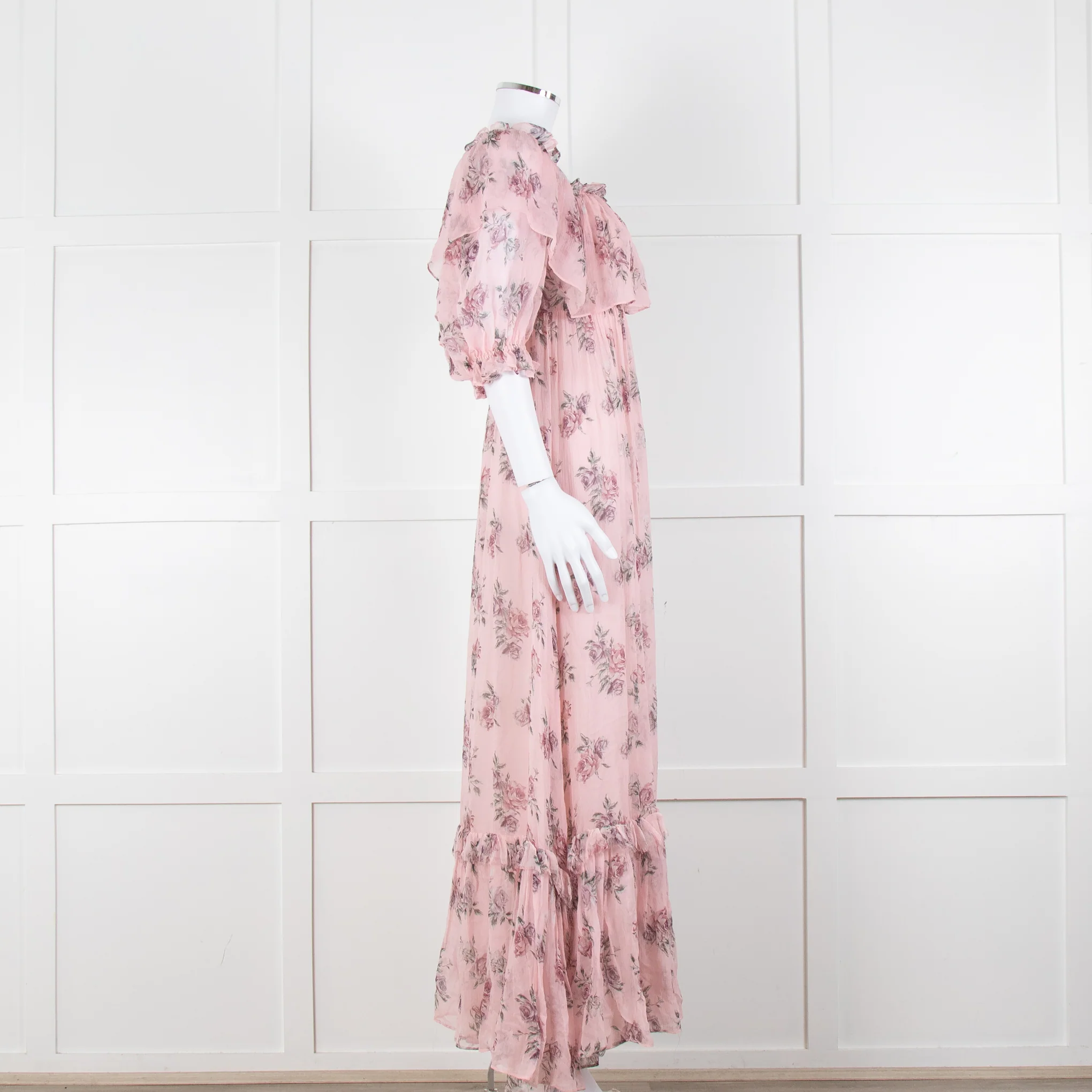 LoveShackFancy Pink Silk Chiffon Flower Print Off The Shoulder Ruffle Maxi Dress - Image 3