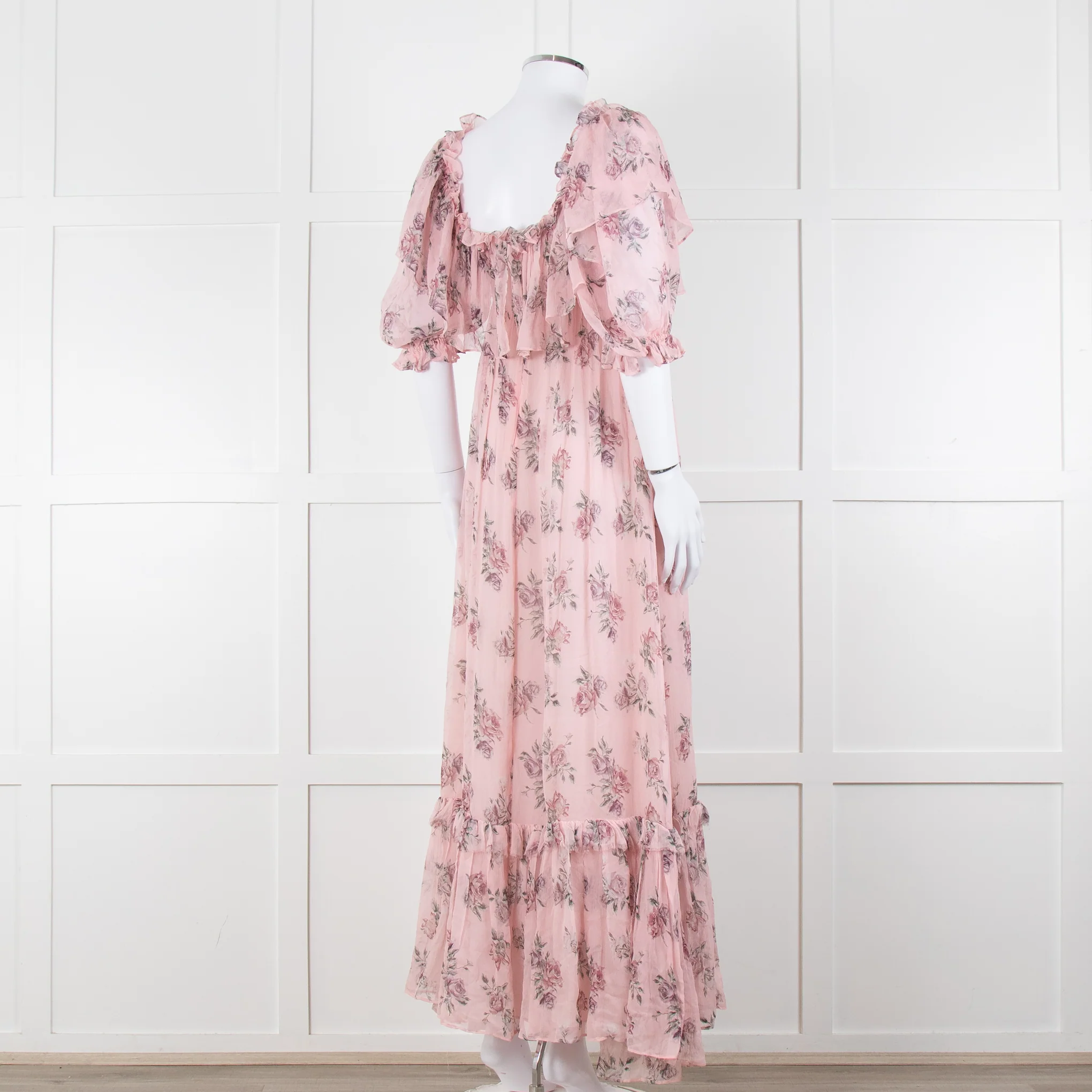 LoveShackFancy Pink Silk Chiffon Flower Print Off The Shoulder Ruffle Maxi Dress - Image 4