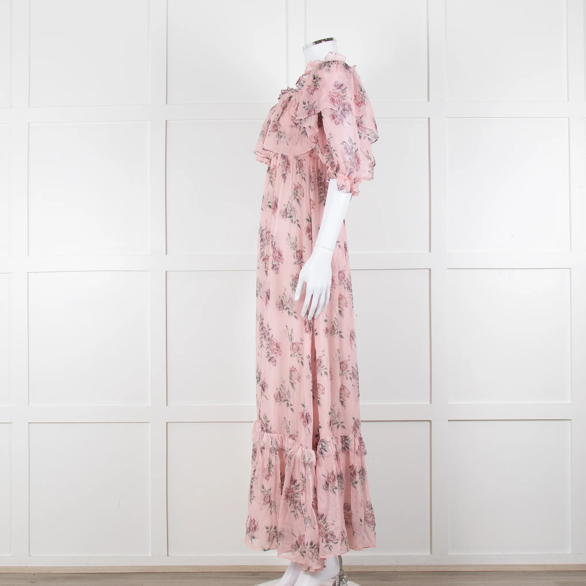 LoveShackFancy Pink Silk Chiffon Flower Print Off The Shoulder Ruffle Maxi Dress - Image 7