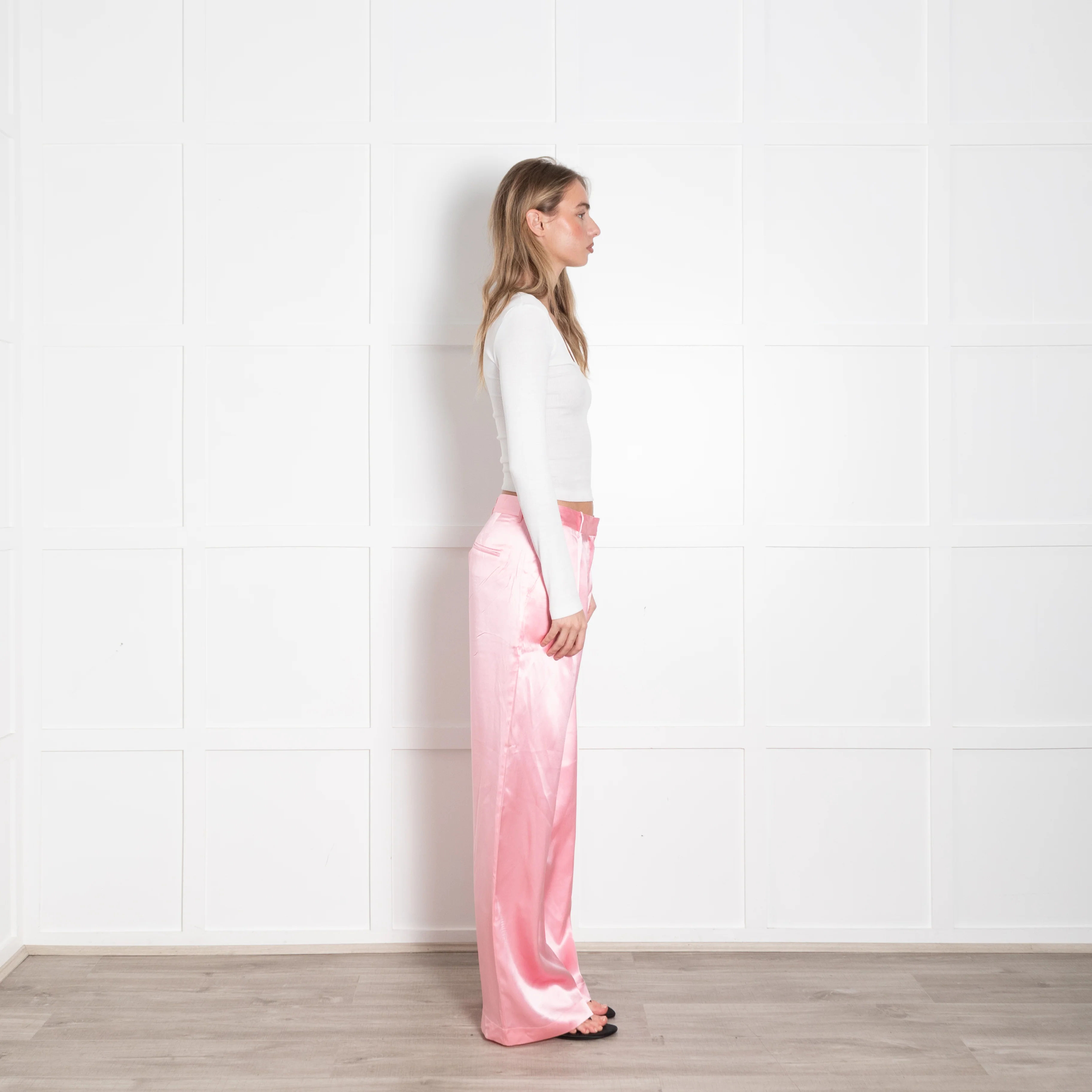 LoveShackFancy Pink Silk Satin Wide Leg Trousers - Image 6