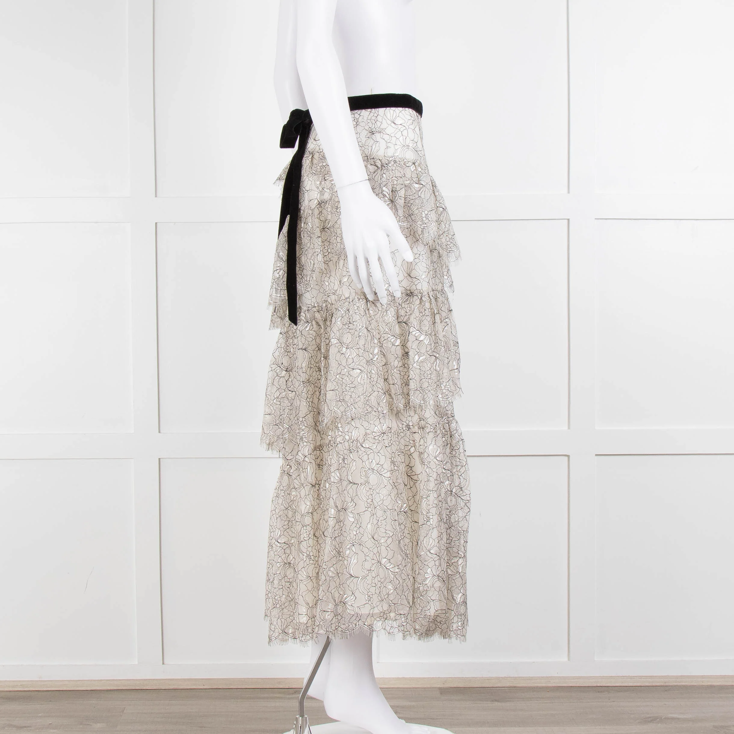 LoveShackFancy White Black Lace Velvet Frill Midi Skirts - Image 3