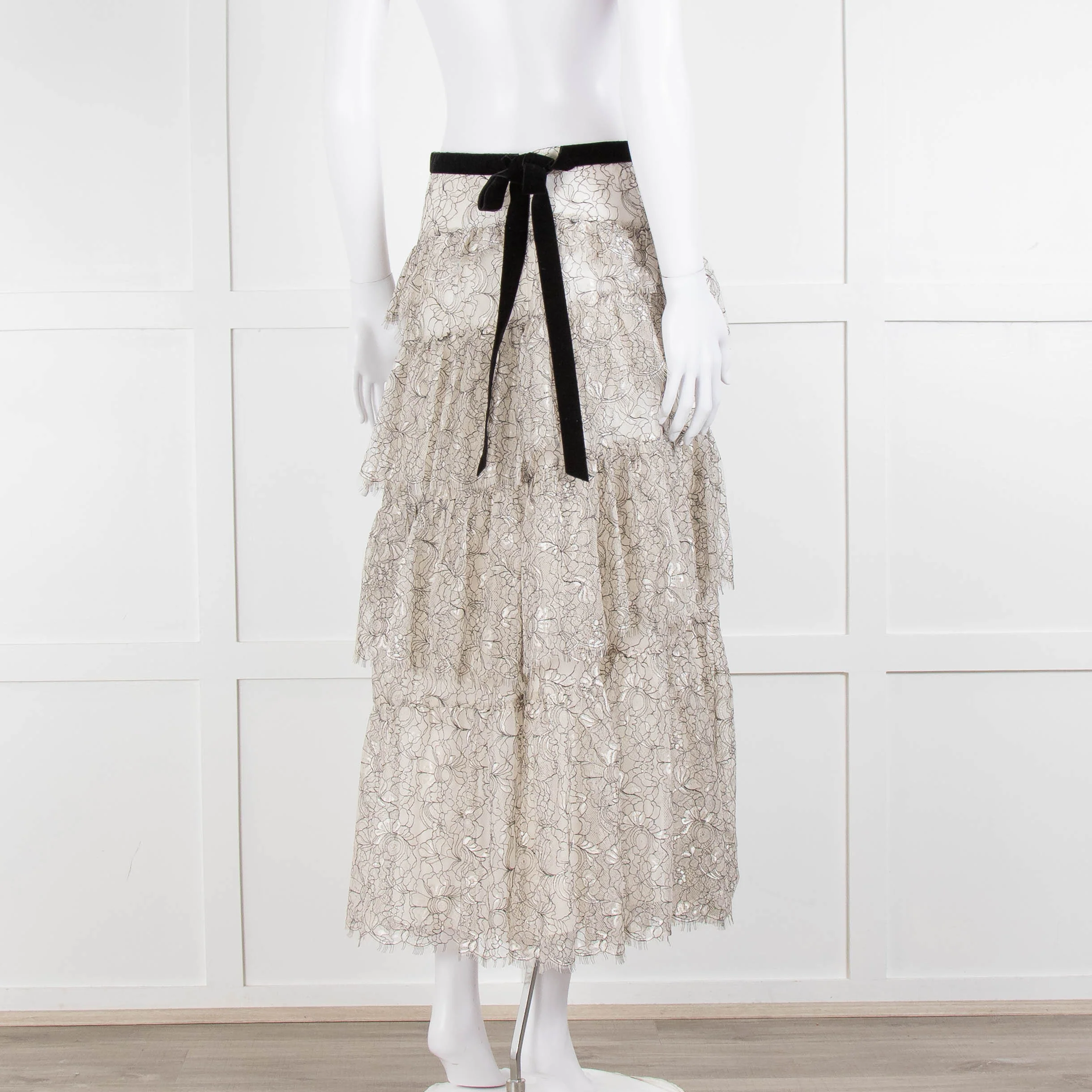 LoveShackFancy White Black Lace Velvet Frill Midi Skirts - Image 4