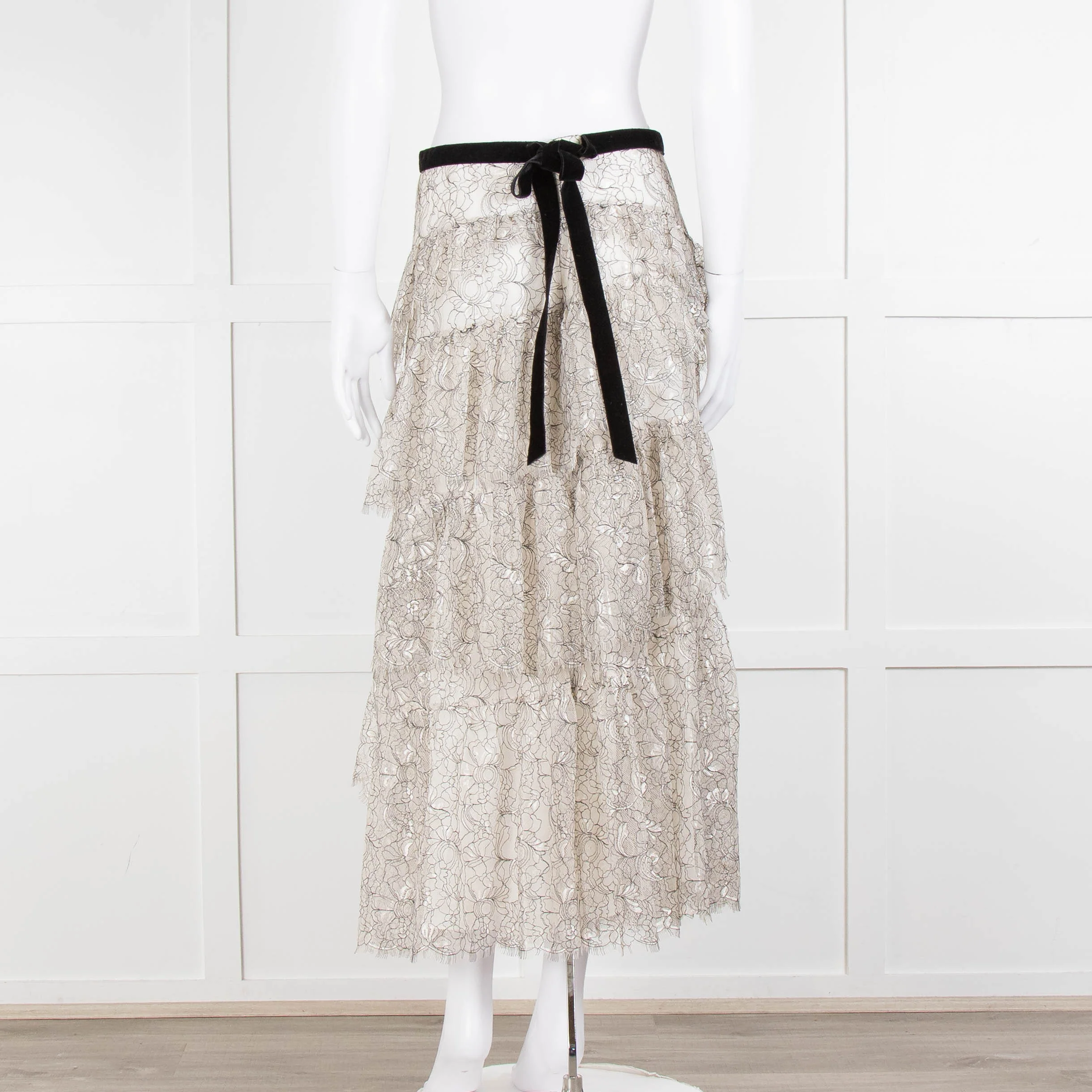 LoveShackFancy White Black Lace Velvet Frill Midi Skirts - Image 5