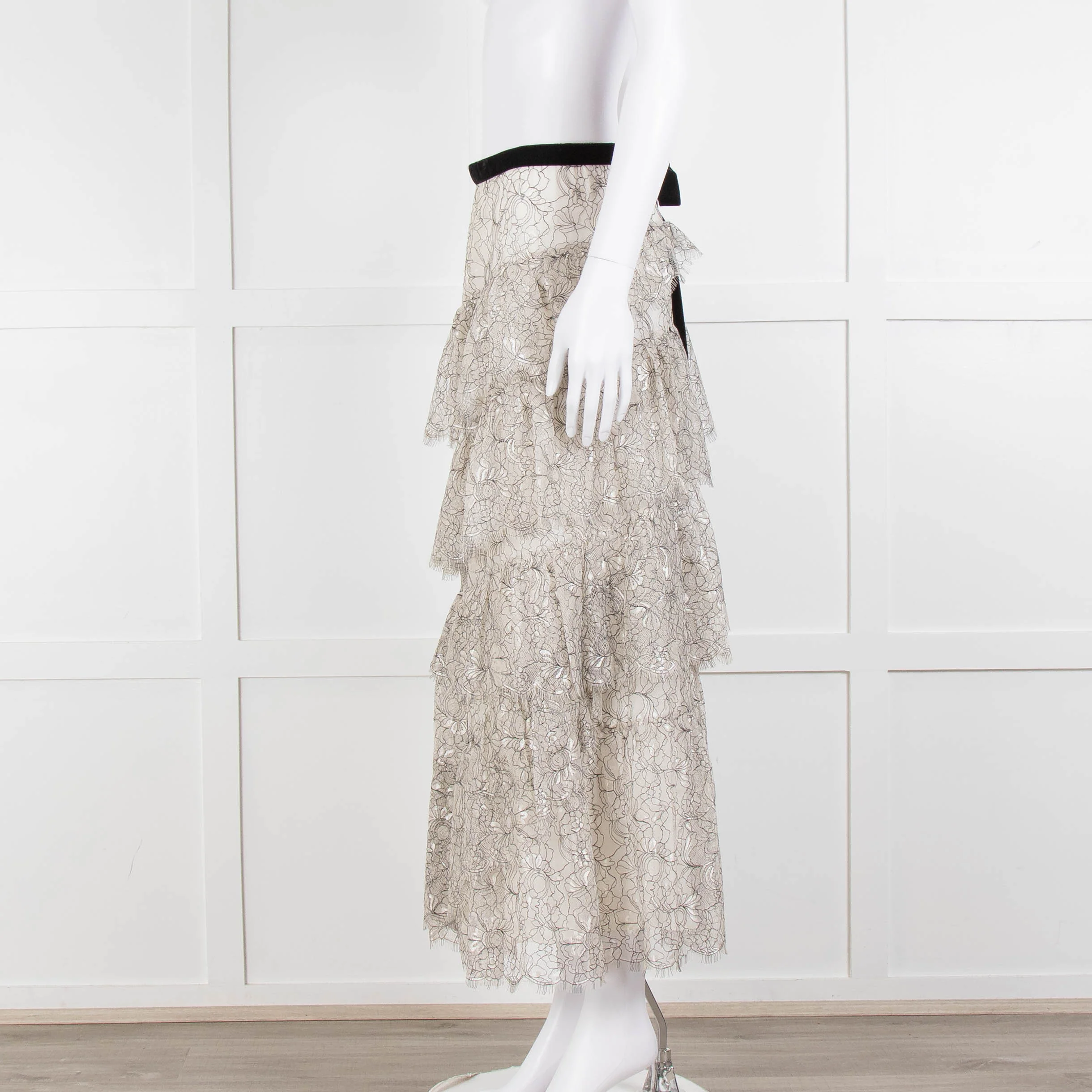 LoveShackFancy White Black Lace Velvet Frill Midi Skirts - Image 7