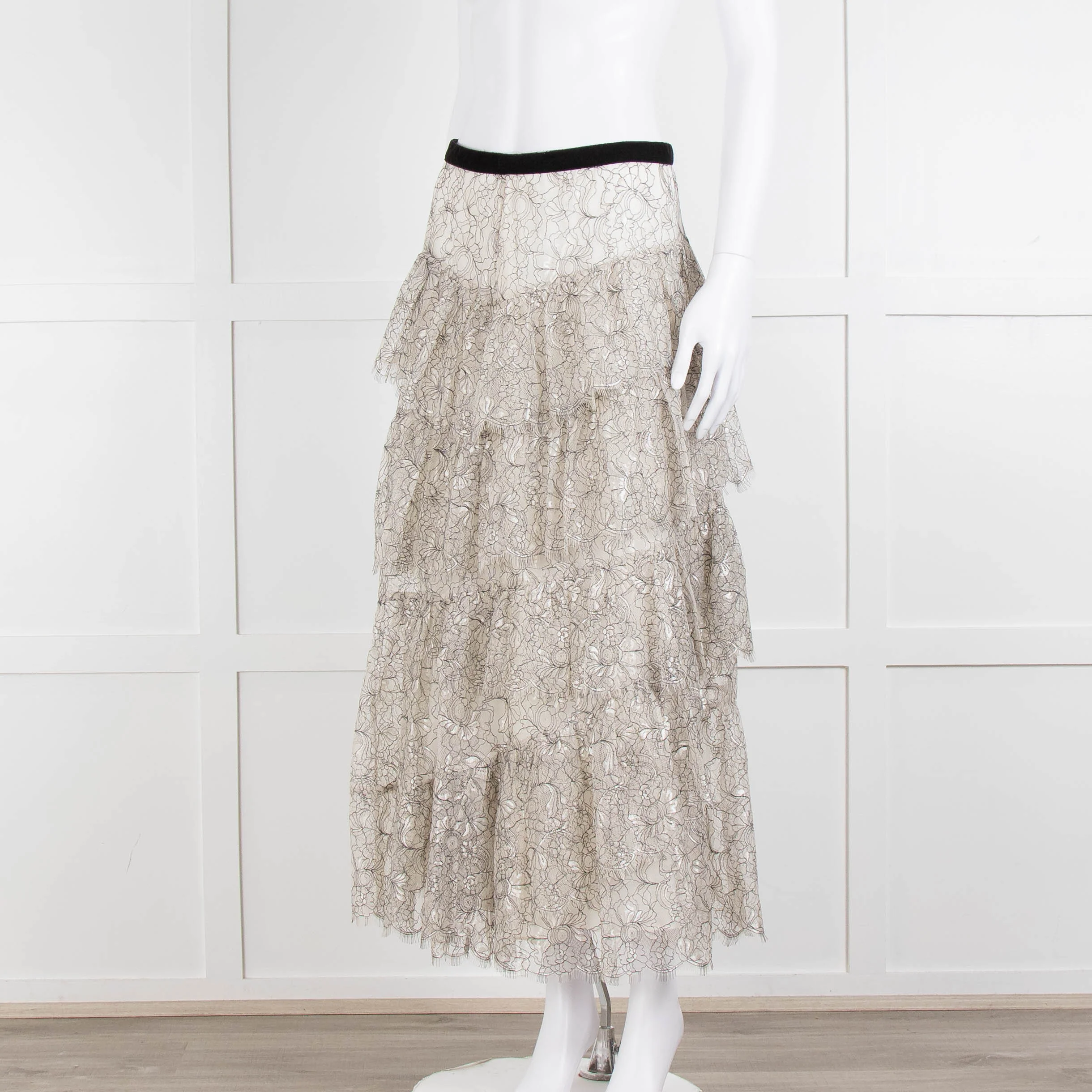 LoveShackFancy White Black Lace Velvet Frill Midi Skirts - Image 8