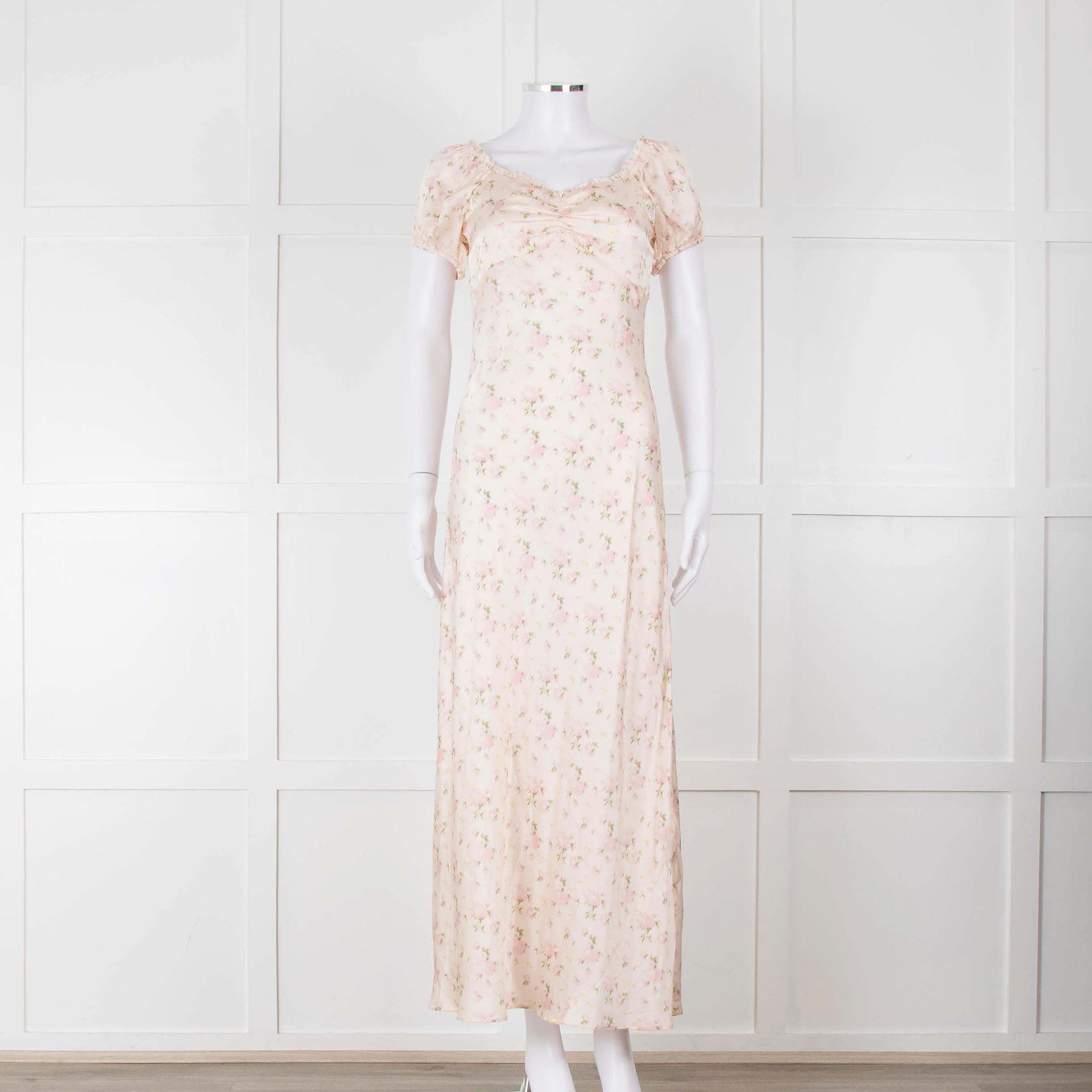 LoveShackFancy Peach Pale Pink Flower Cap Sleeve Silk Dress