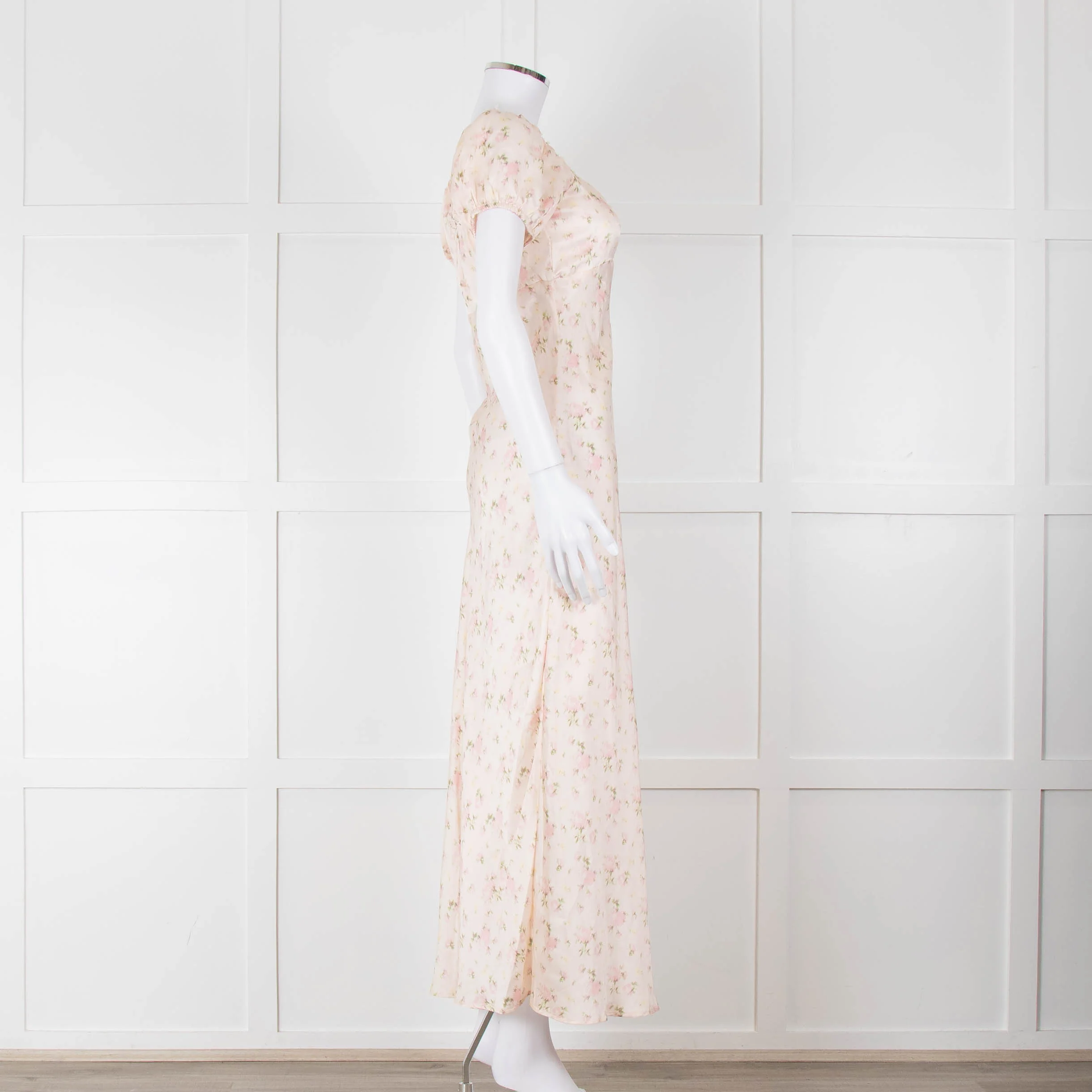 LoveShackFancy Peach Pale Pink Flower Cap Sleeve Silk Dress - Image 3