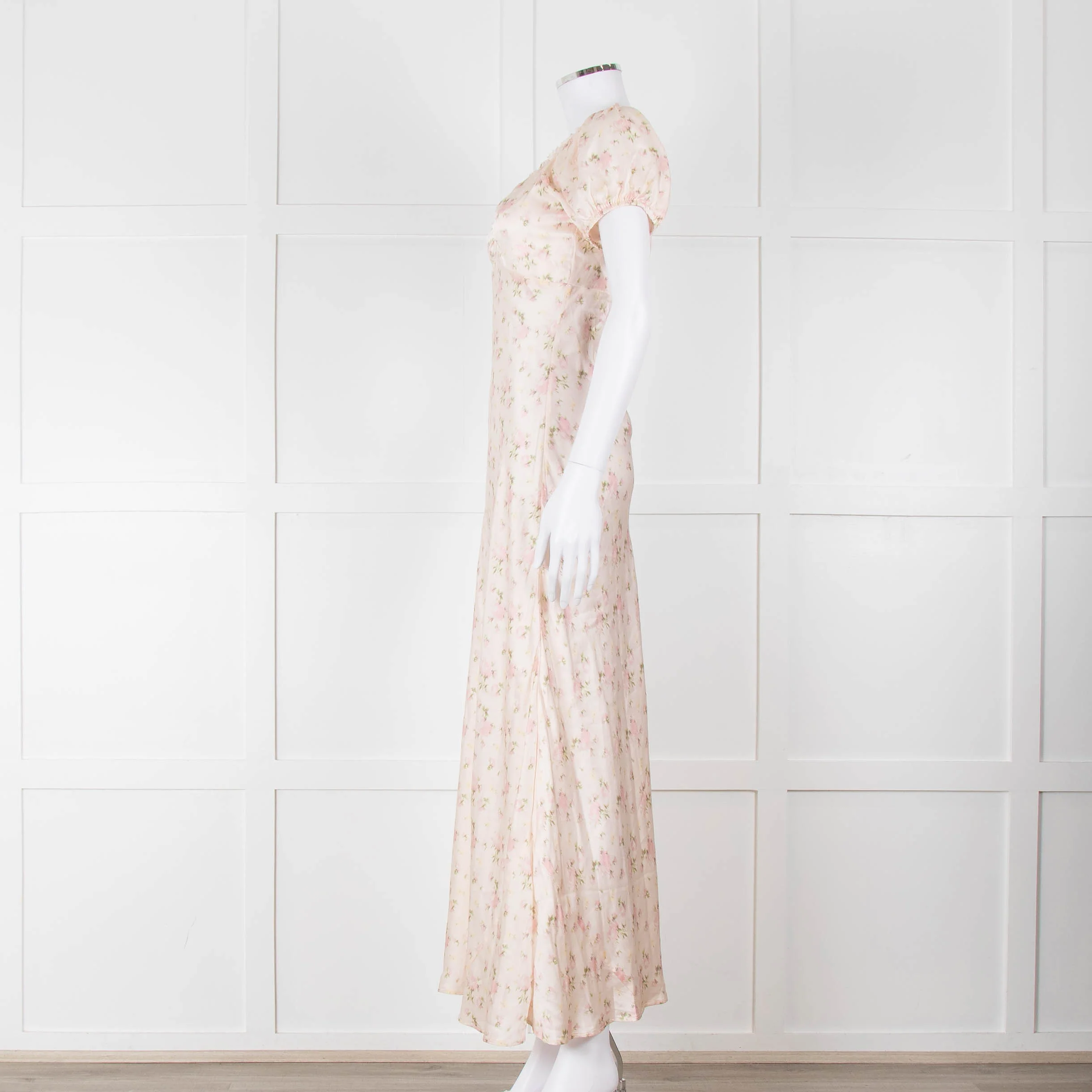 LoveShackFancy Peach Pale Pink Flower Cap Sleeve Silk Dress - Image 7