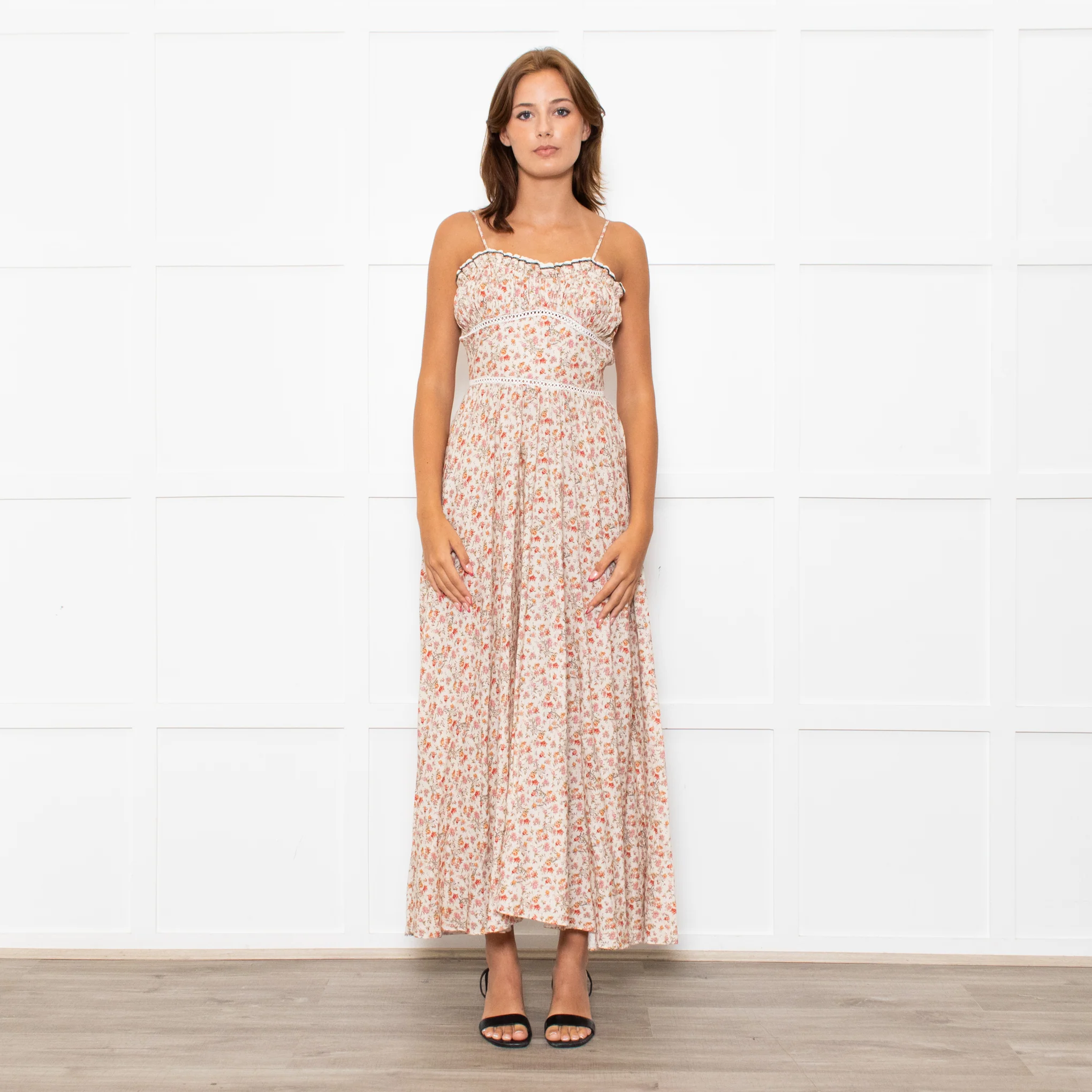 Lug Von Siga Beige Red Yellow Floral Sleeveless Midi Dress
