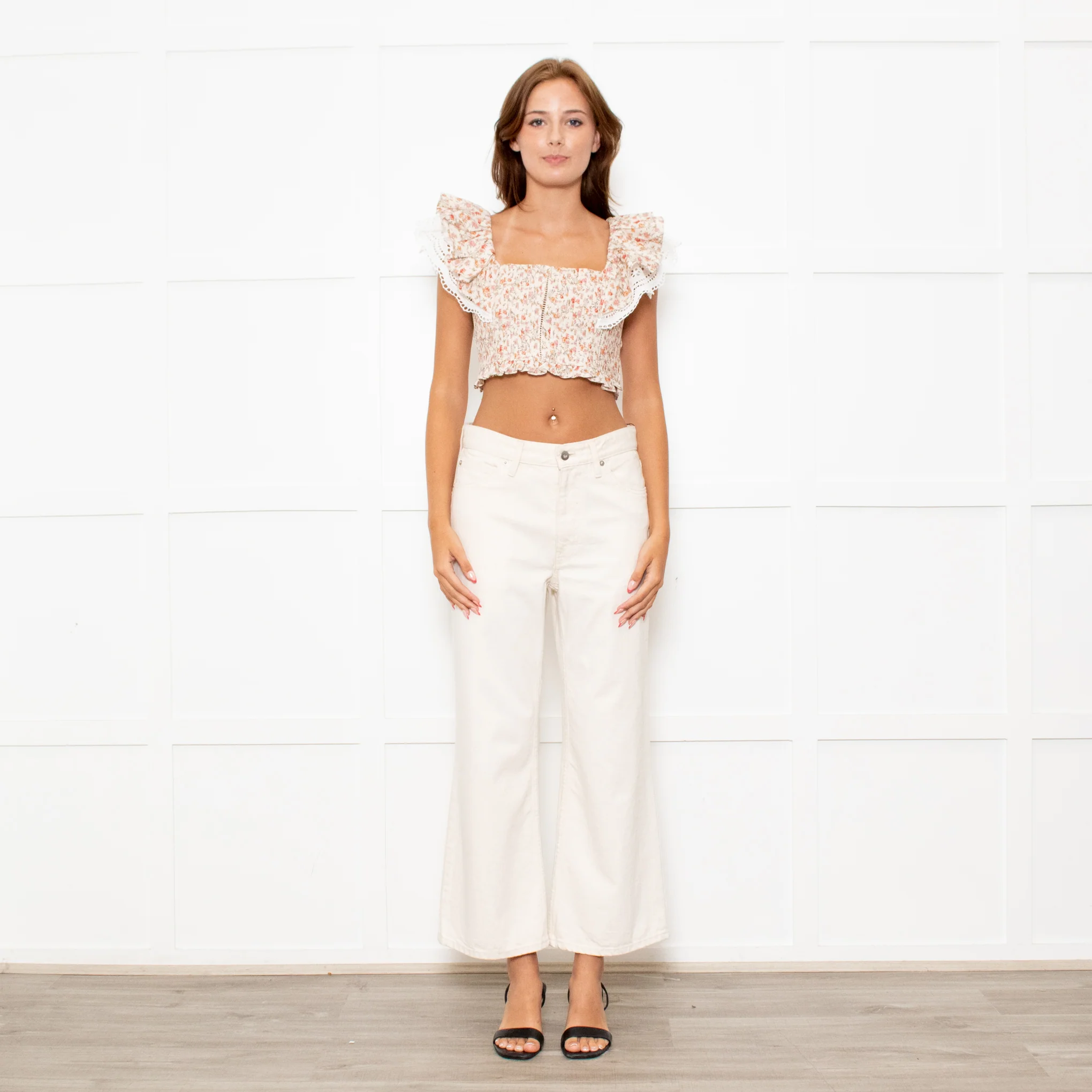 Lug Von Siga Neutral Linen Orange Pink Rose Print Lace Trim Crop Top