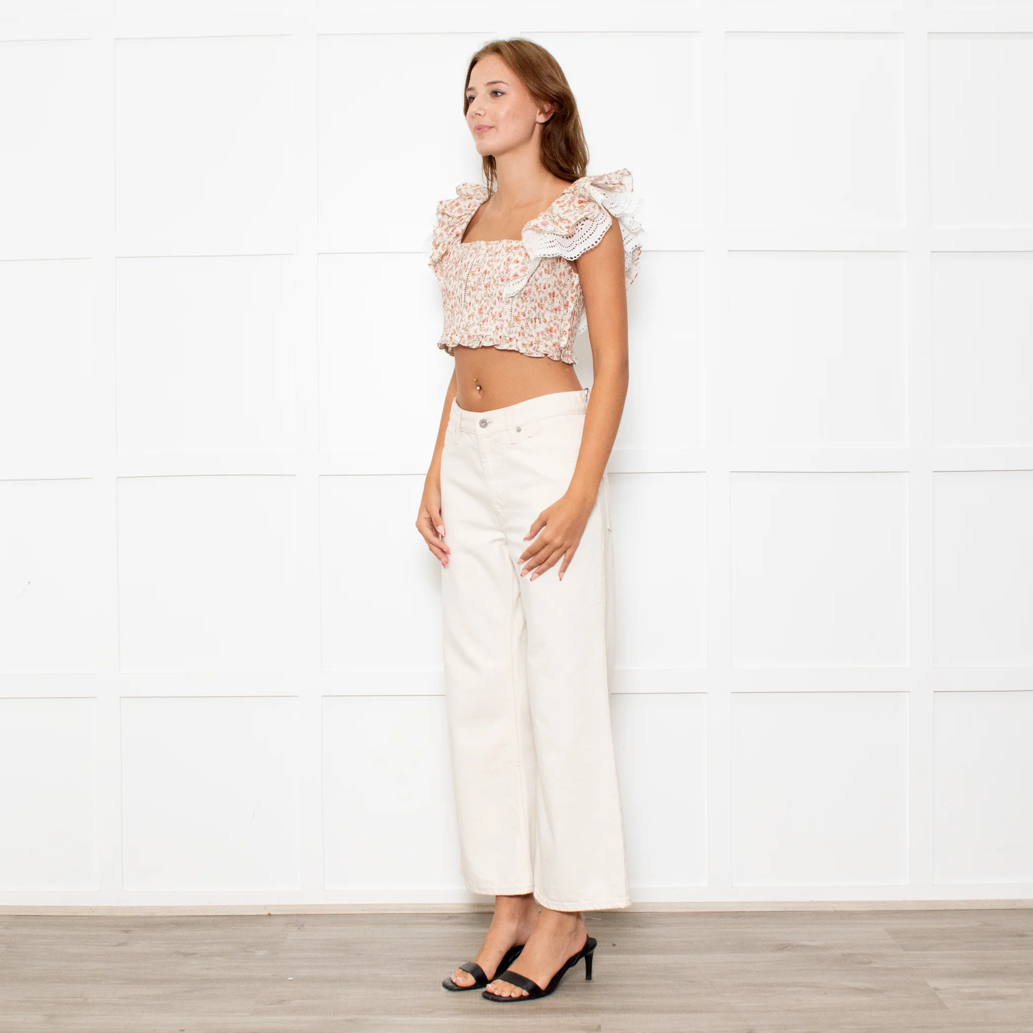 Lug Von Siga Neutral Linen Orange Pink Rose Print Lace Trim Crop Top - Image 3