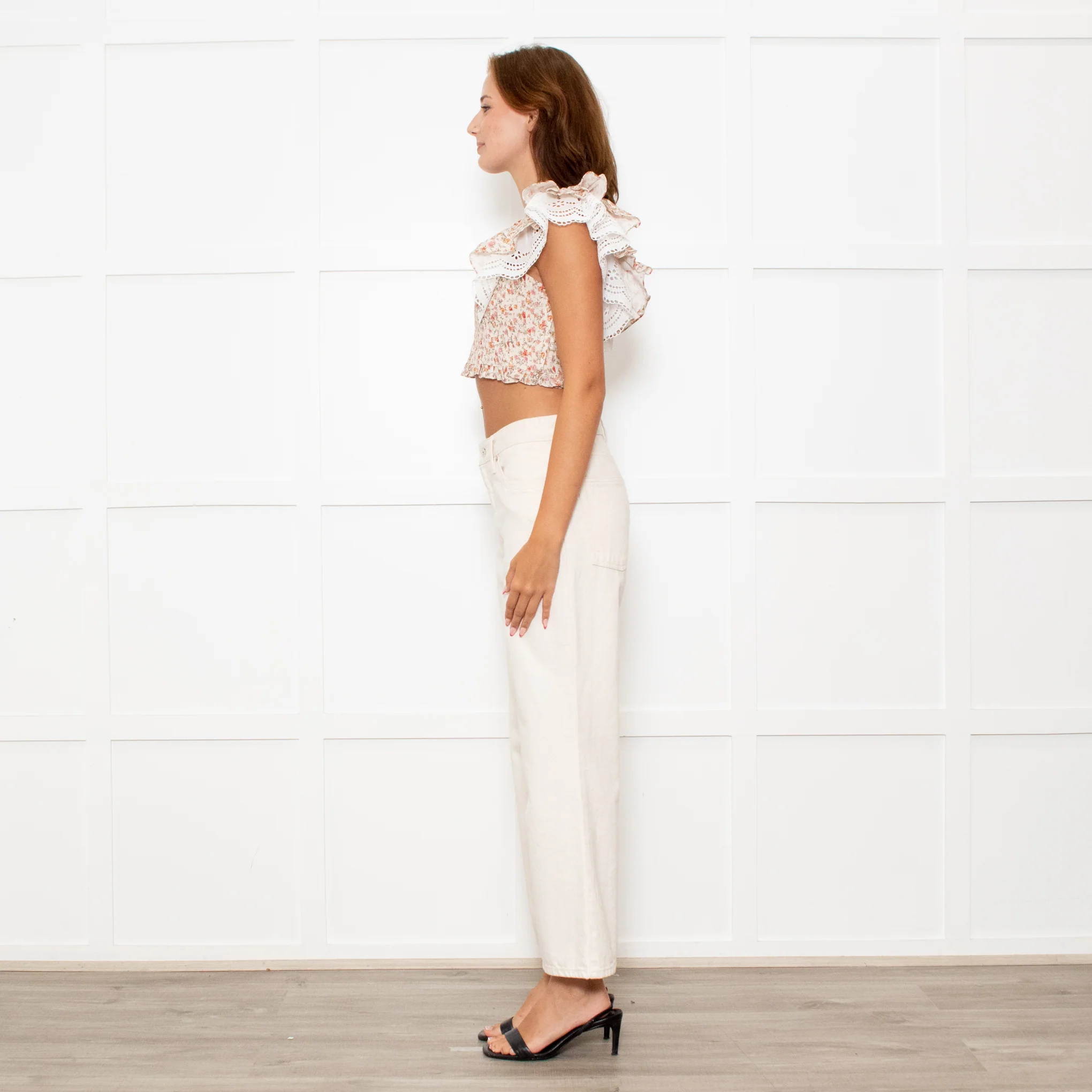 Lug Von Siga Neutral Linen Orange Pink Rose Print Lace Trim Crop Top - Image 4