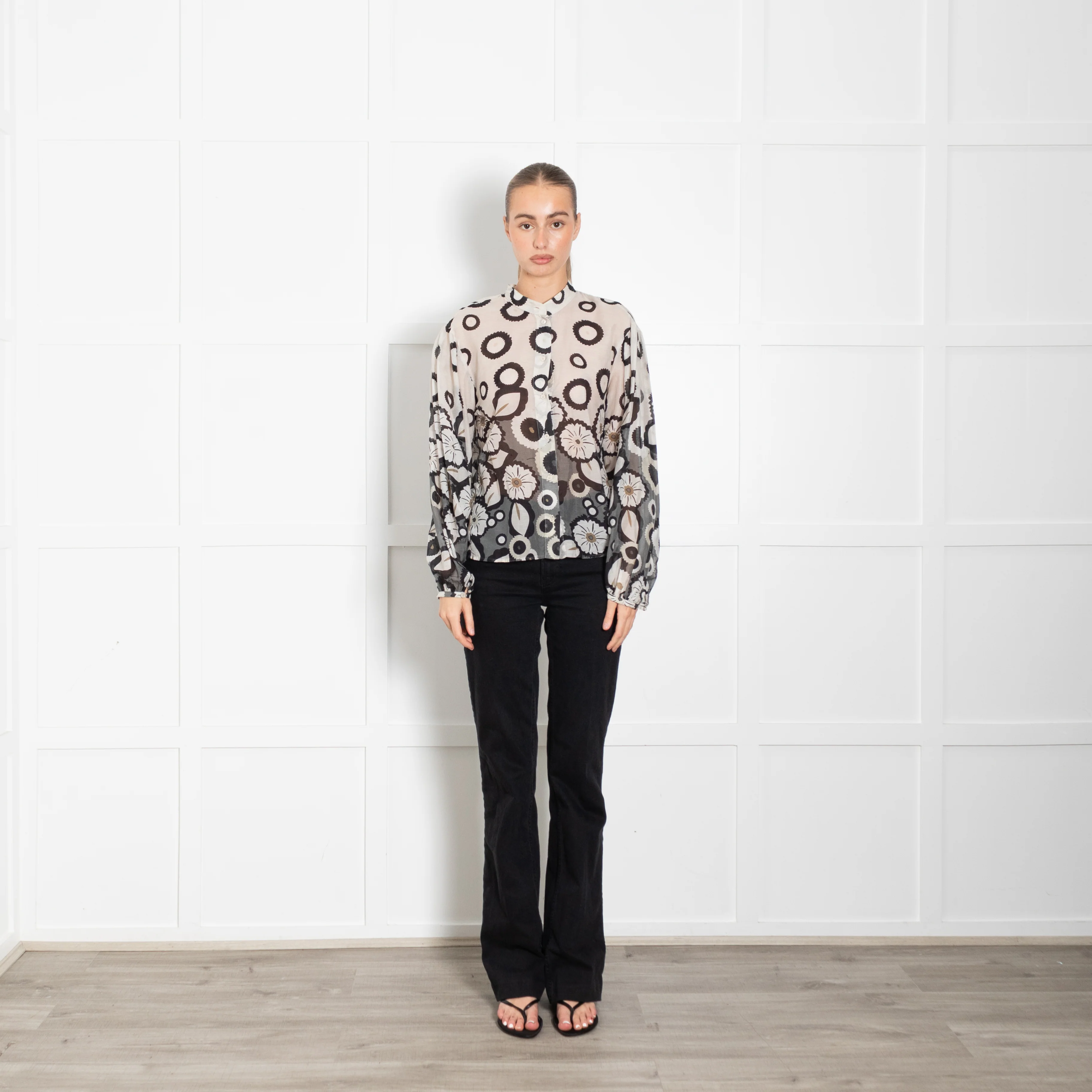 Luisa Cerano Cream Blouse With Black And Grey Circle Pattern
