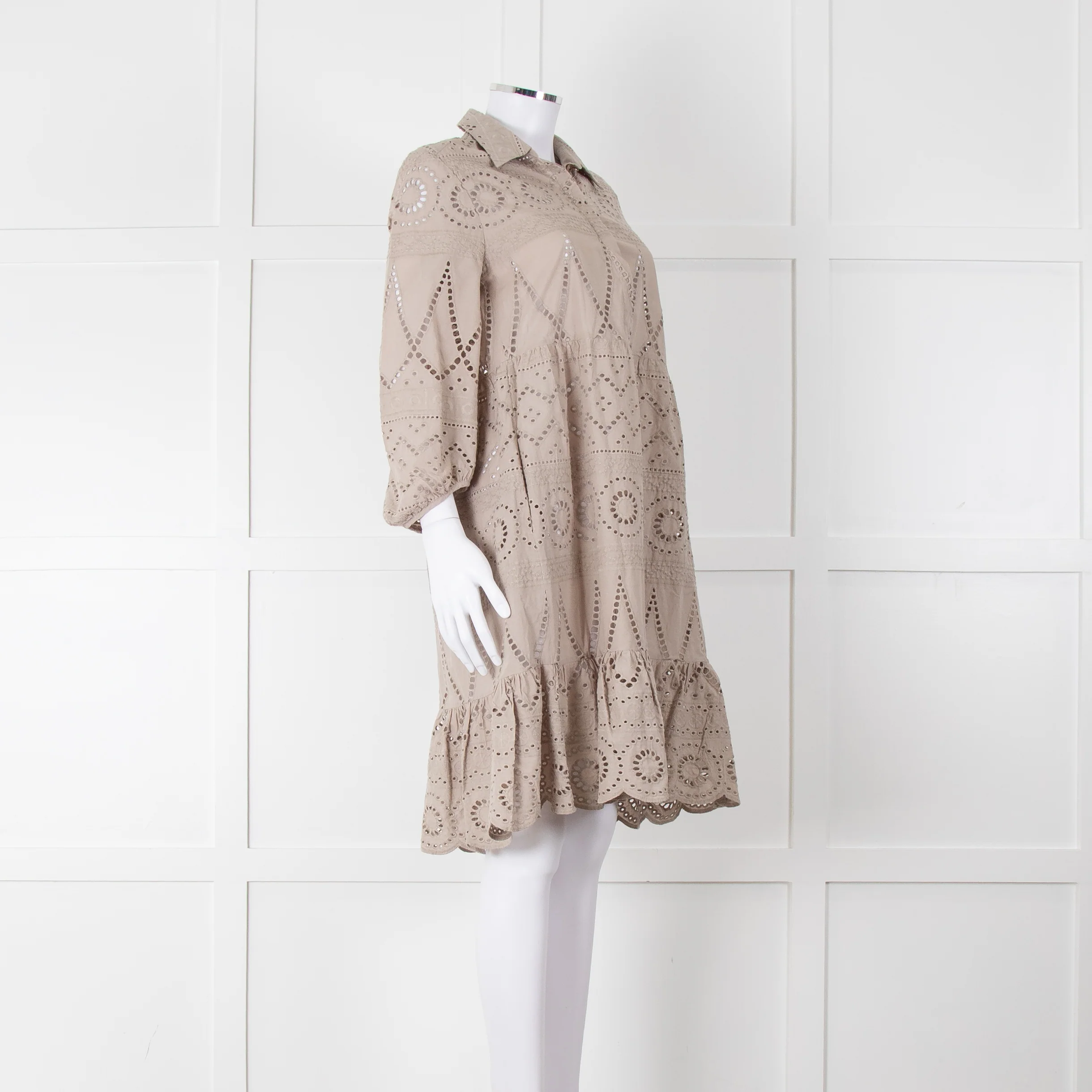 Luisa Cerano Beige Cotton Broidery Knee Length Dress & Slip - Image 2