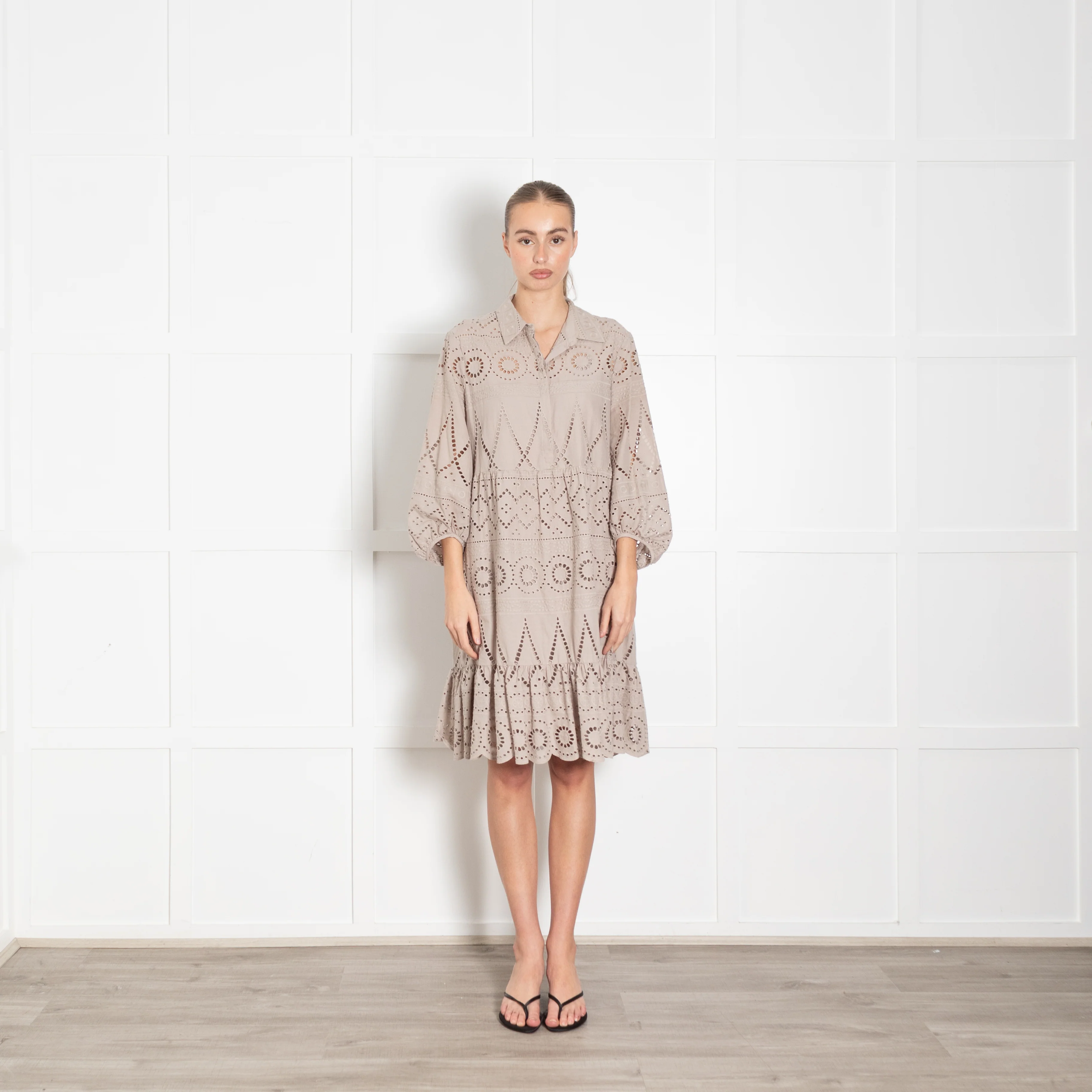 Luisa Cerano Taupe Broderie Short Dress
