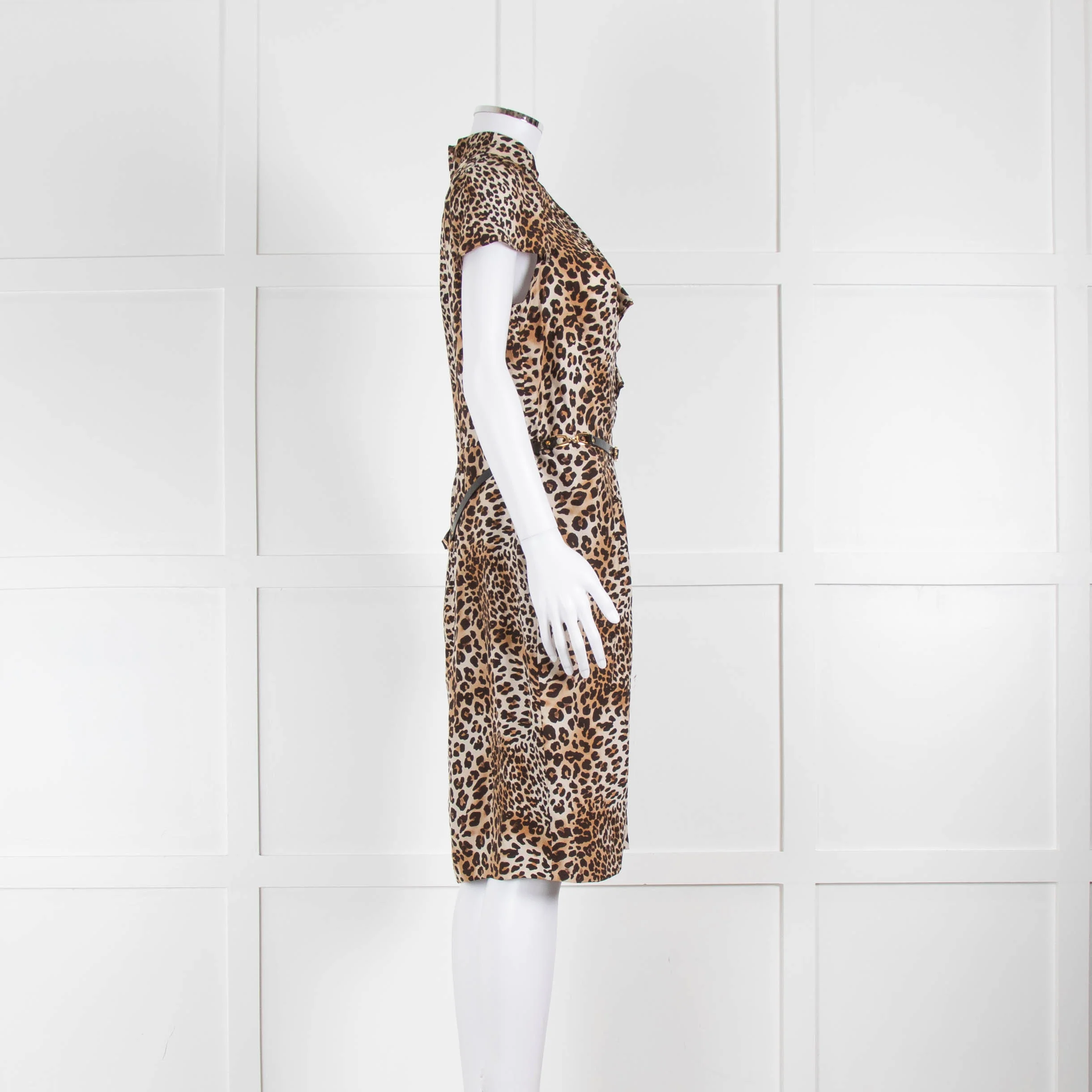 Luisa Spagnoli Brown Animal Print Ruffle Short Sleeve Belted Dress - Image 2