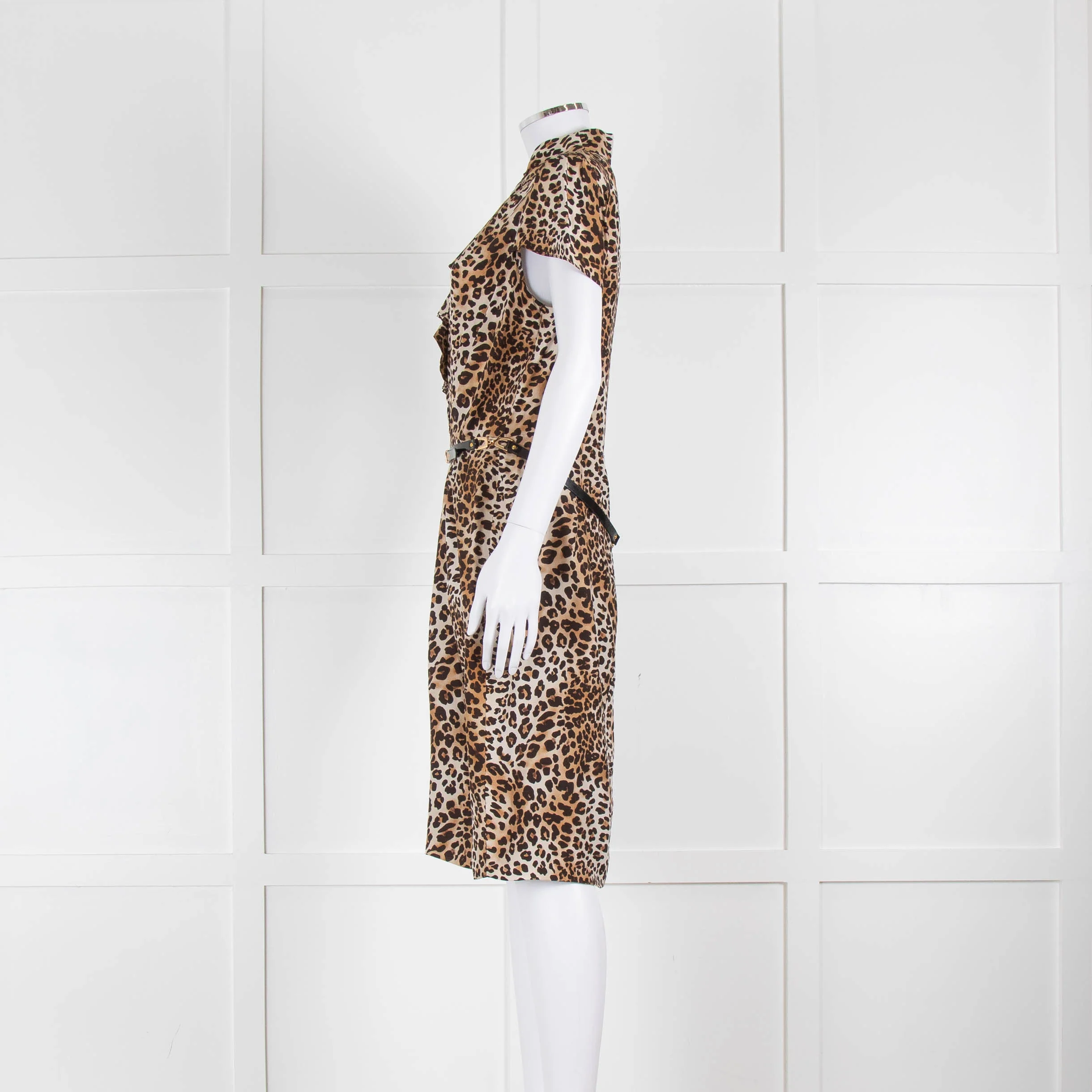Luisa Spagnoli Brown Animal Print Ruffle Short Sleeve Belted Dress - Image 4