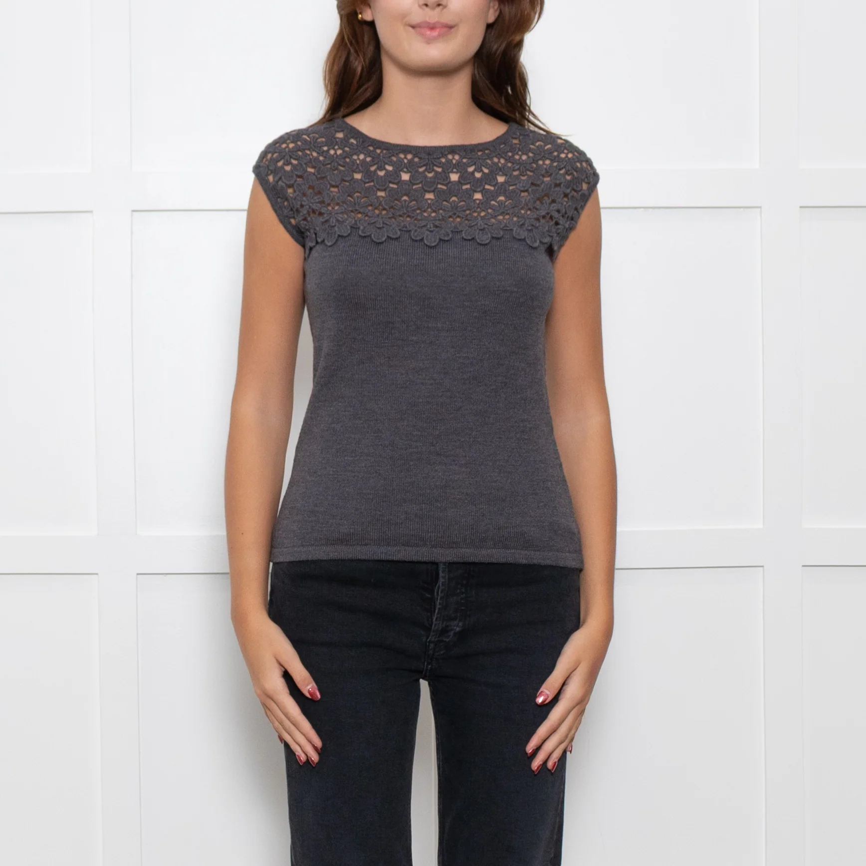 Luisa Spagnoli Grey Wool Sleeveless Top with Cutout Detail - Image 2