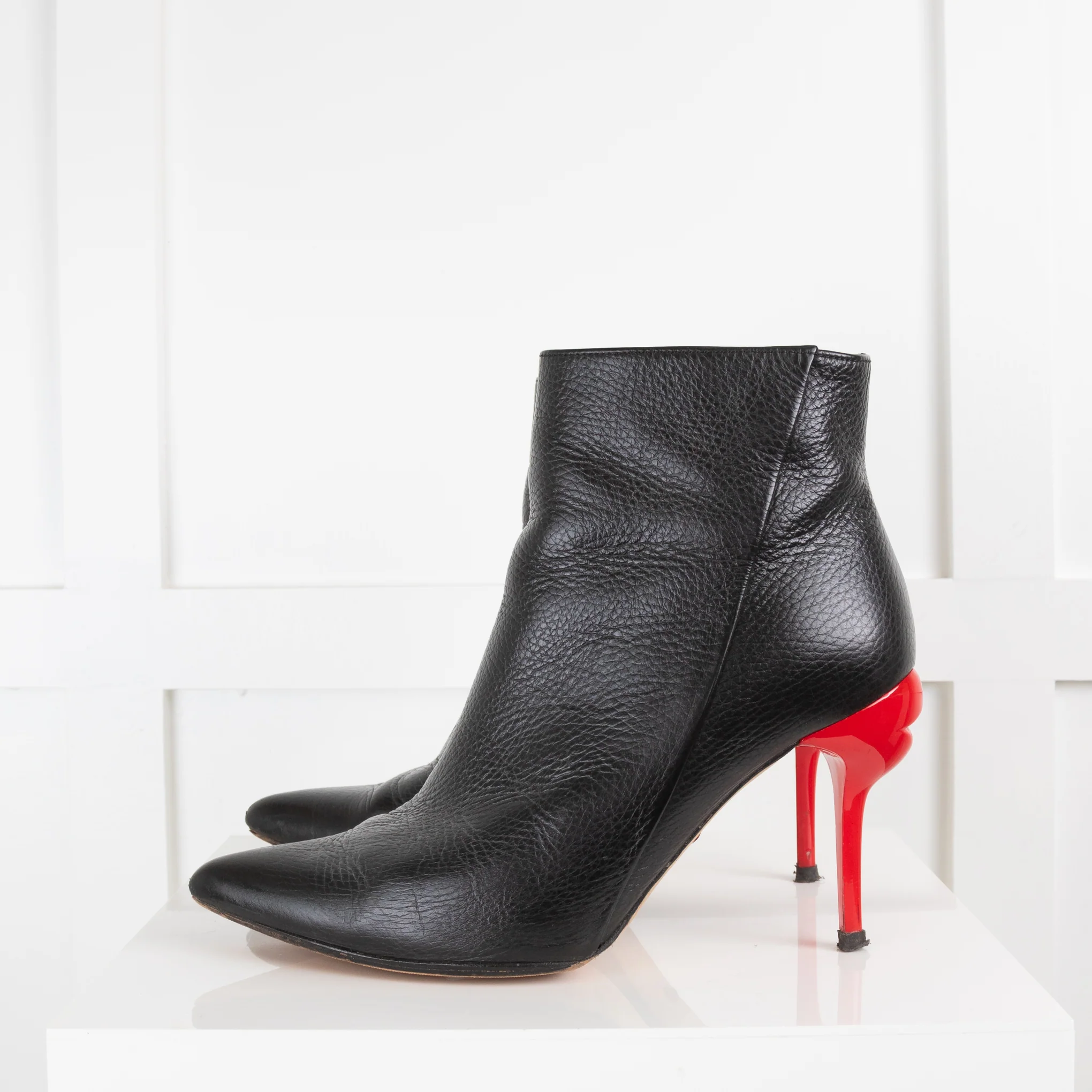 Lulu Guiness Black Leather Bardot Ankle Boots with Red Heels - Image 3
