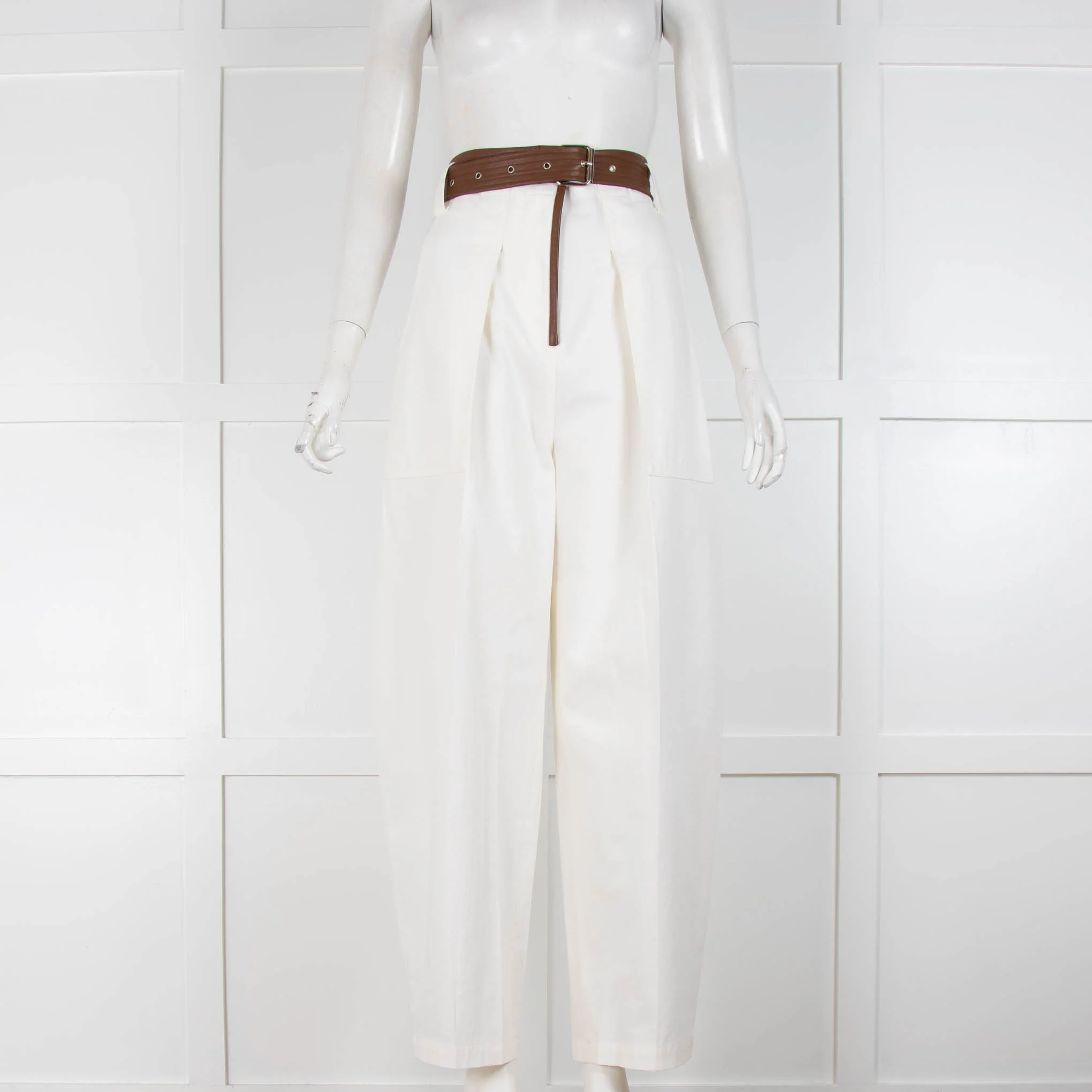 Lvir Cream Cotton Brown Leather Trousers