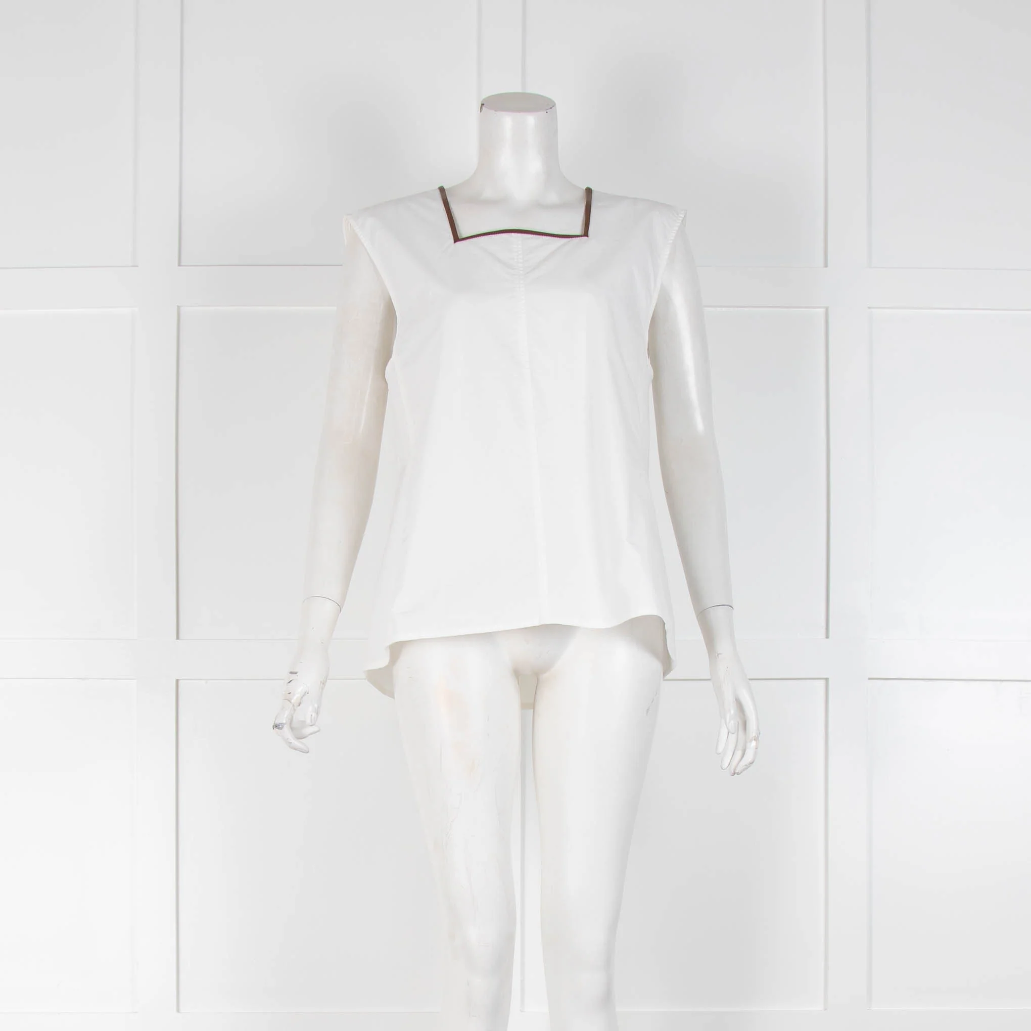 Lvir White Tan Leather Trim Square Neck Sleeveless Top