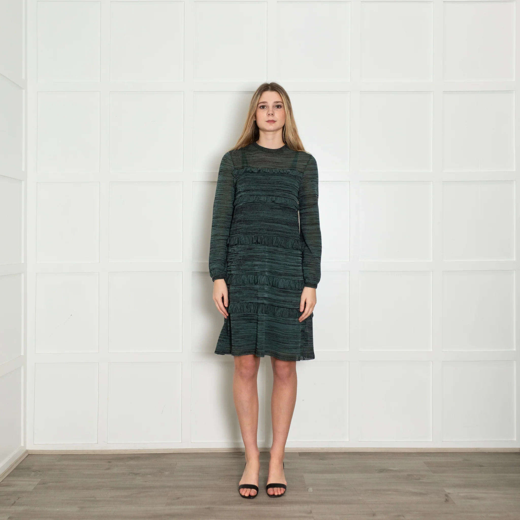M Missoni Teal Black Knit Frill Trim Long Sleeve Dress With Slip