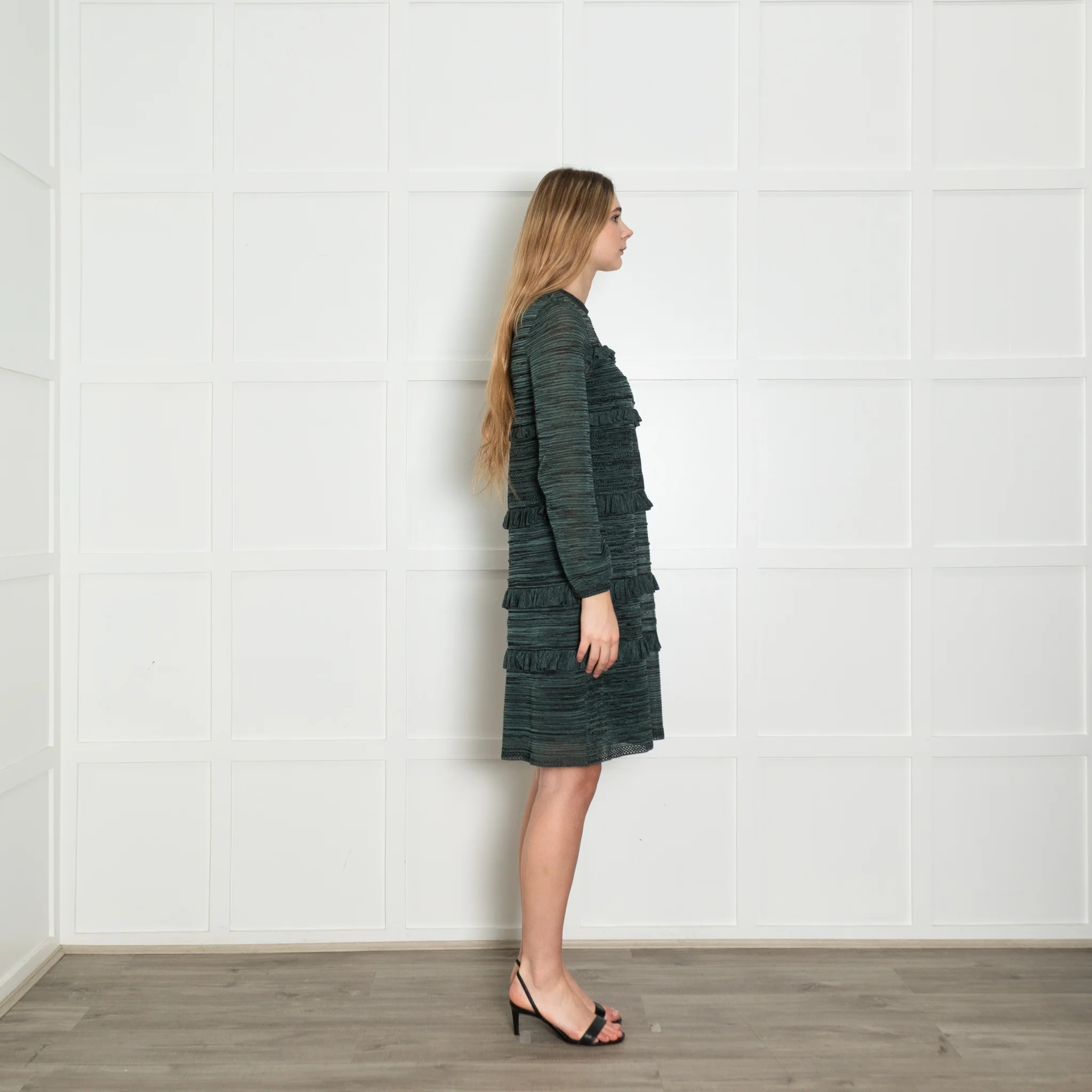 M Missoni Teal Black Knit Frill Trim Long Sleeve Dress With Slip - Image 6