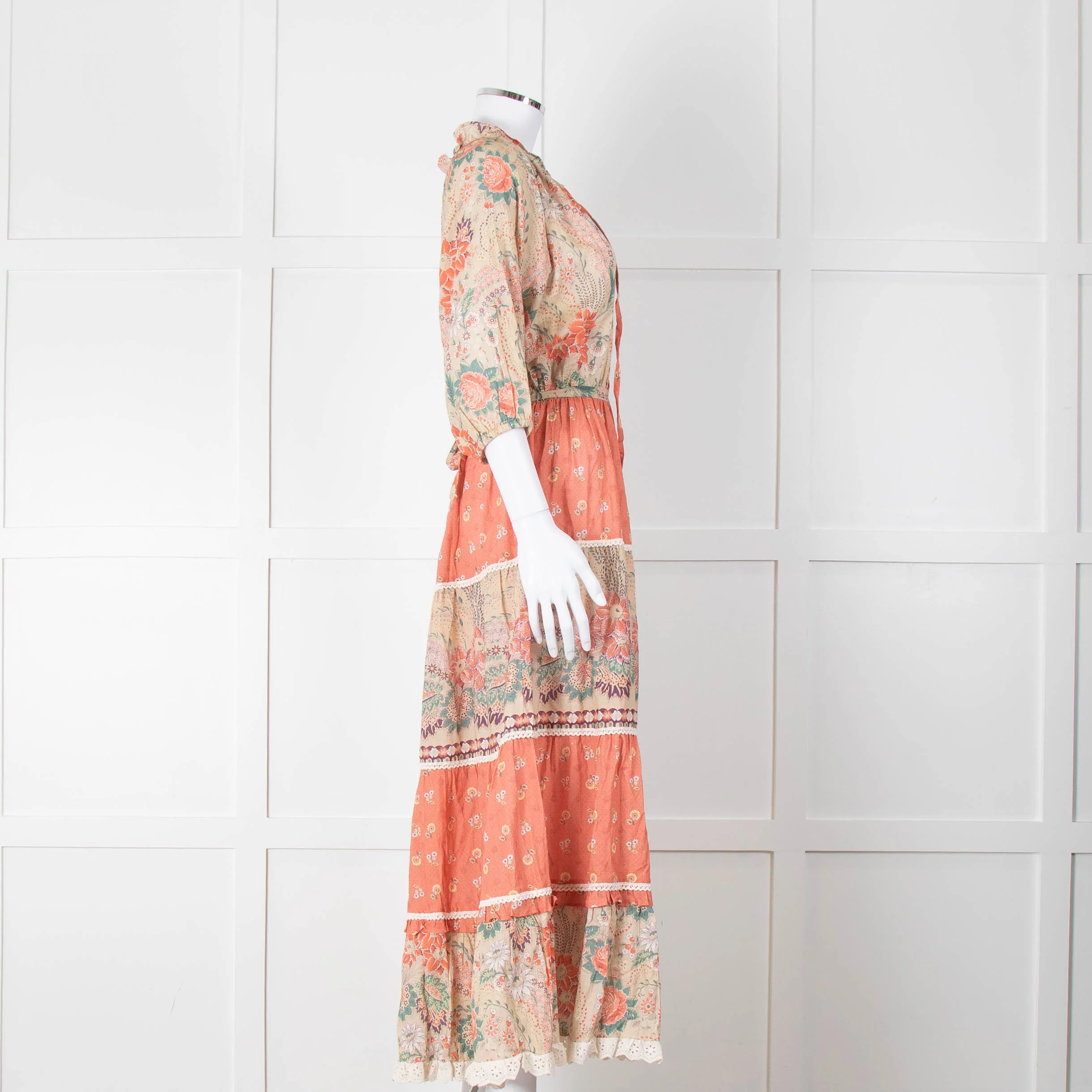 MABE Cotton Peach and Green Floral Midi Dress - Image 3