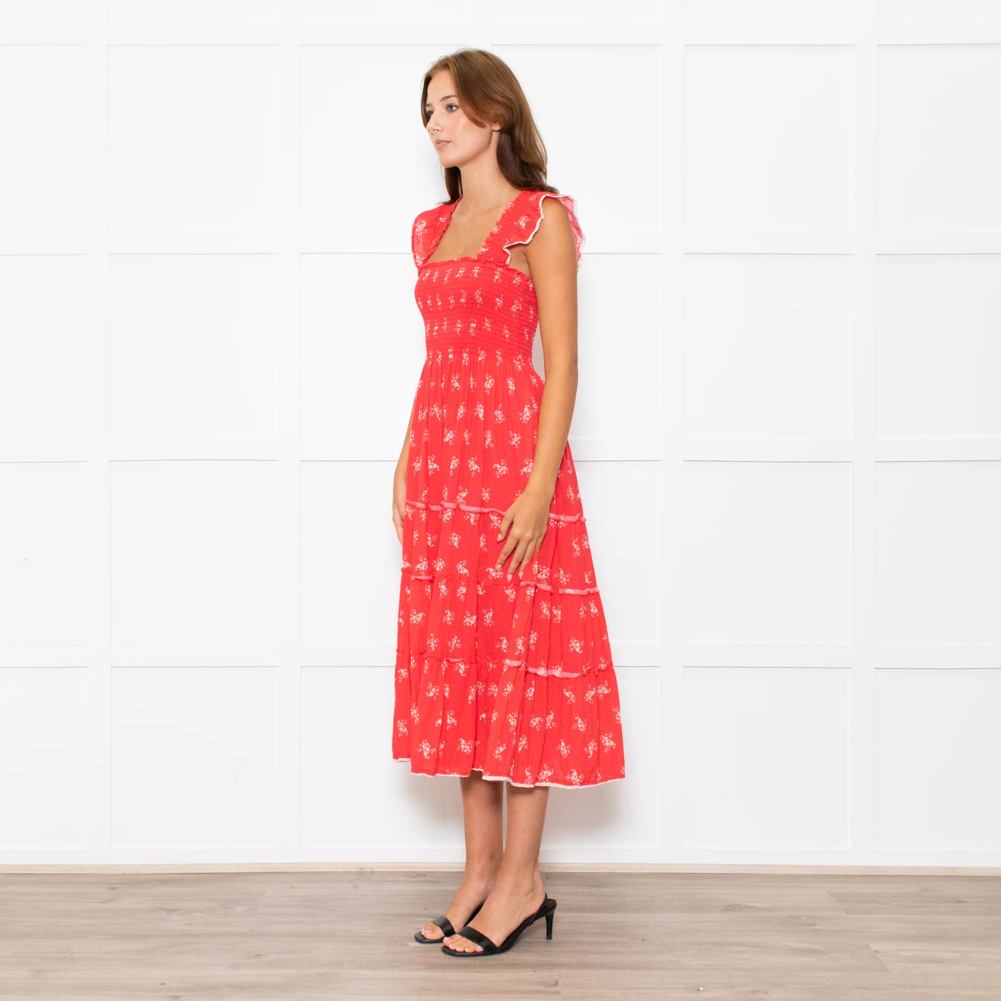 MABE Red White Floral Cotton Tiered Midi Dress - Image 3