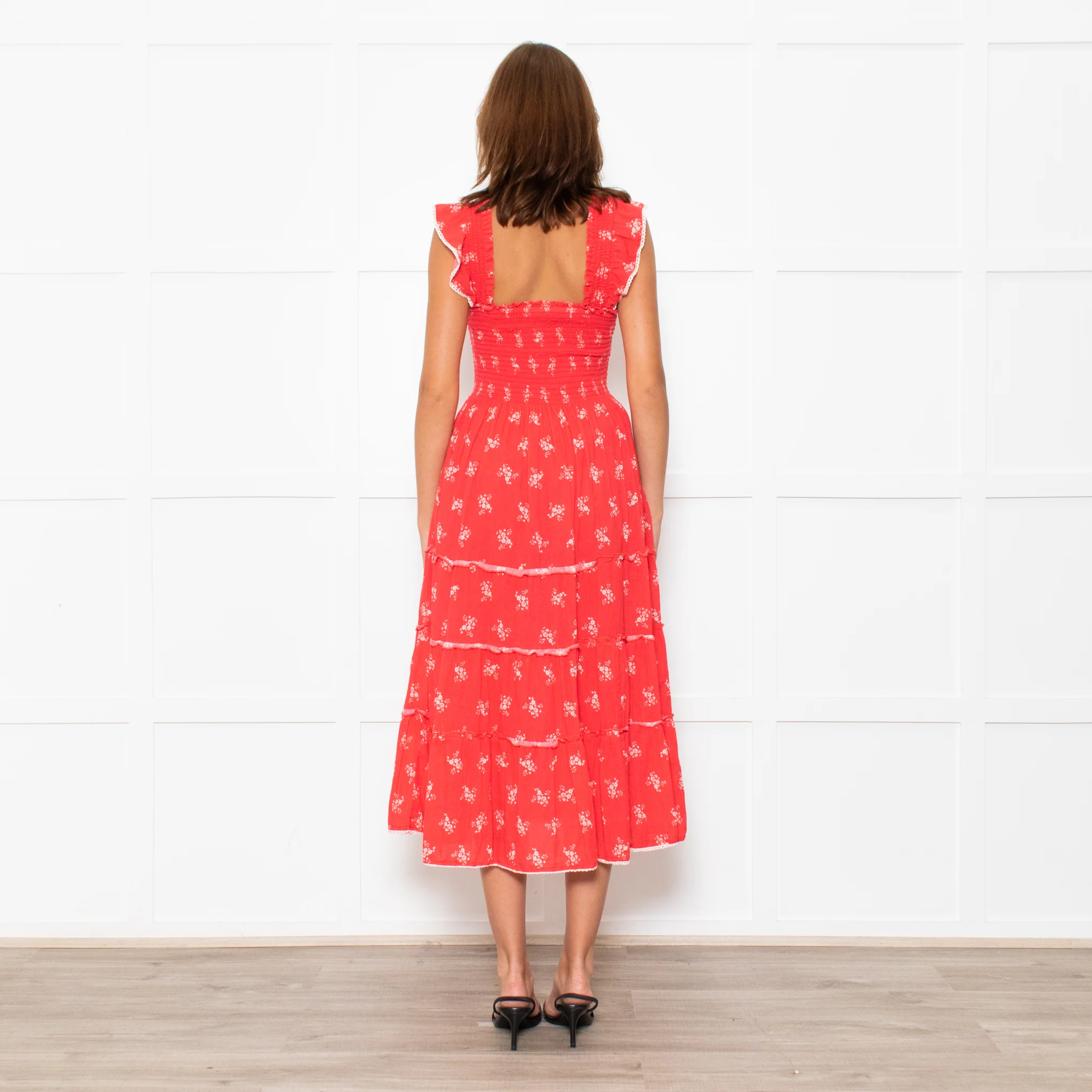 MABE Red White Floral Cotton Tiered Midi Dress - Image 5