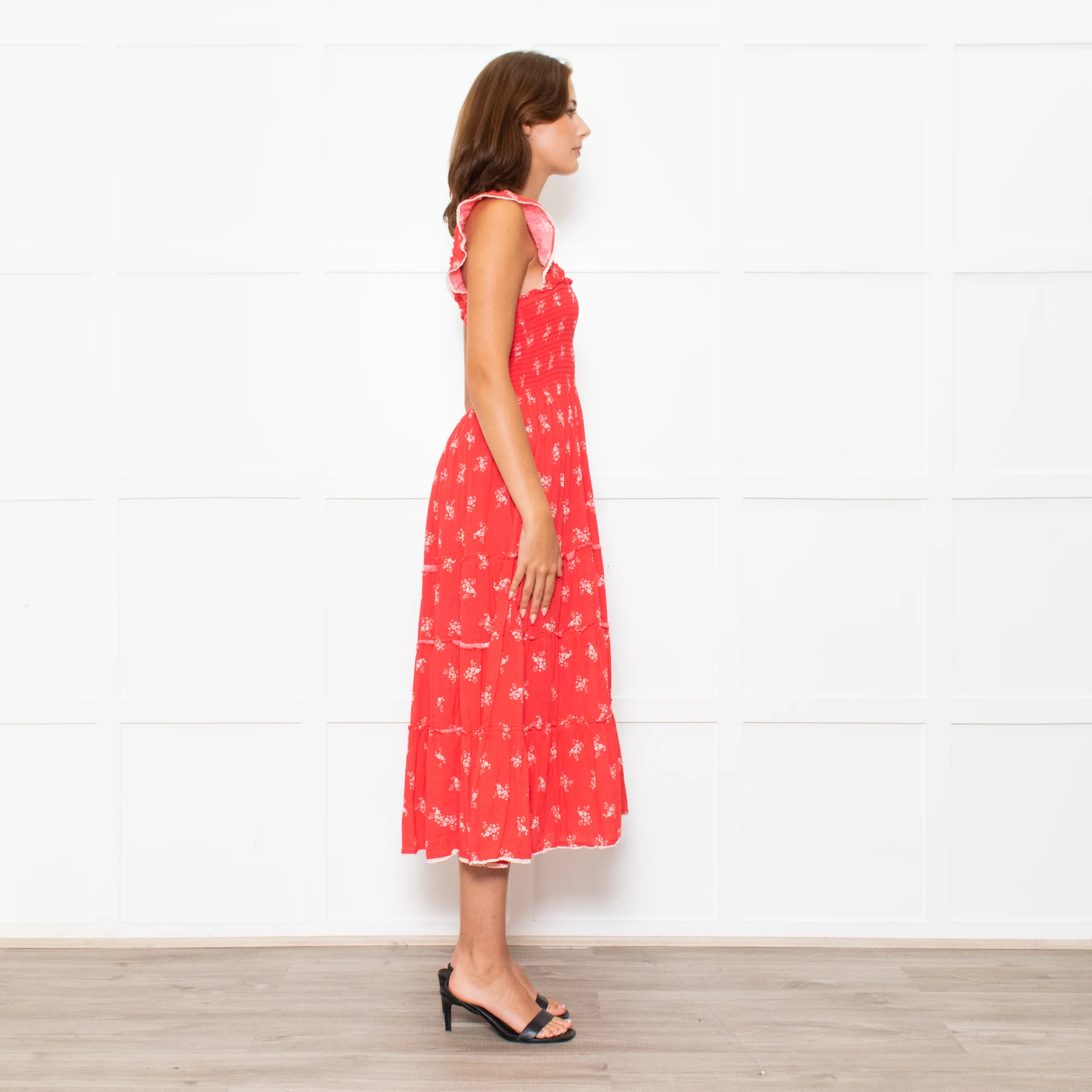 MABE Red White Floral Cotton Tiered Midi Dress - Image 6