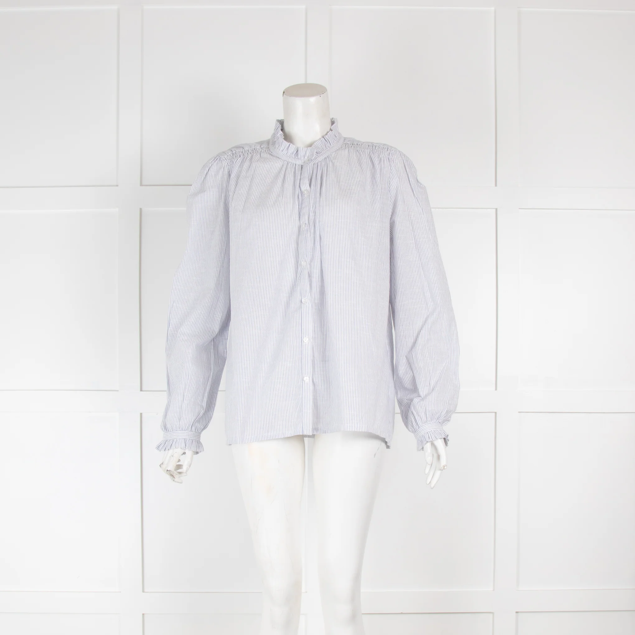 M.A.B.E Stripe Cotton Frill Neck Blouse