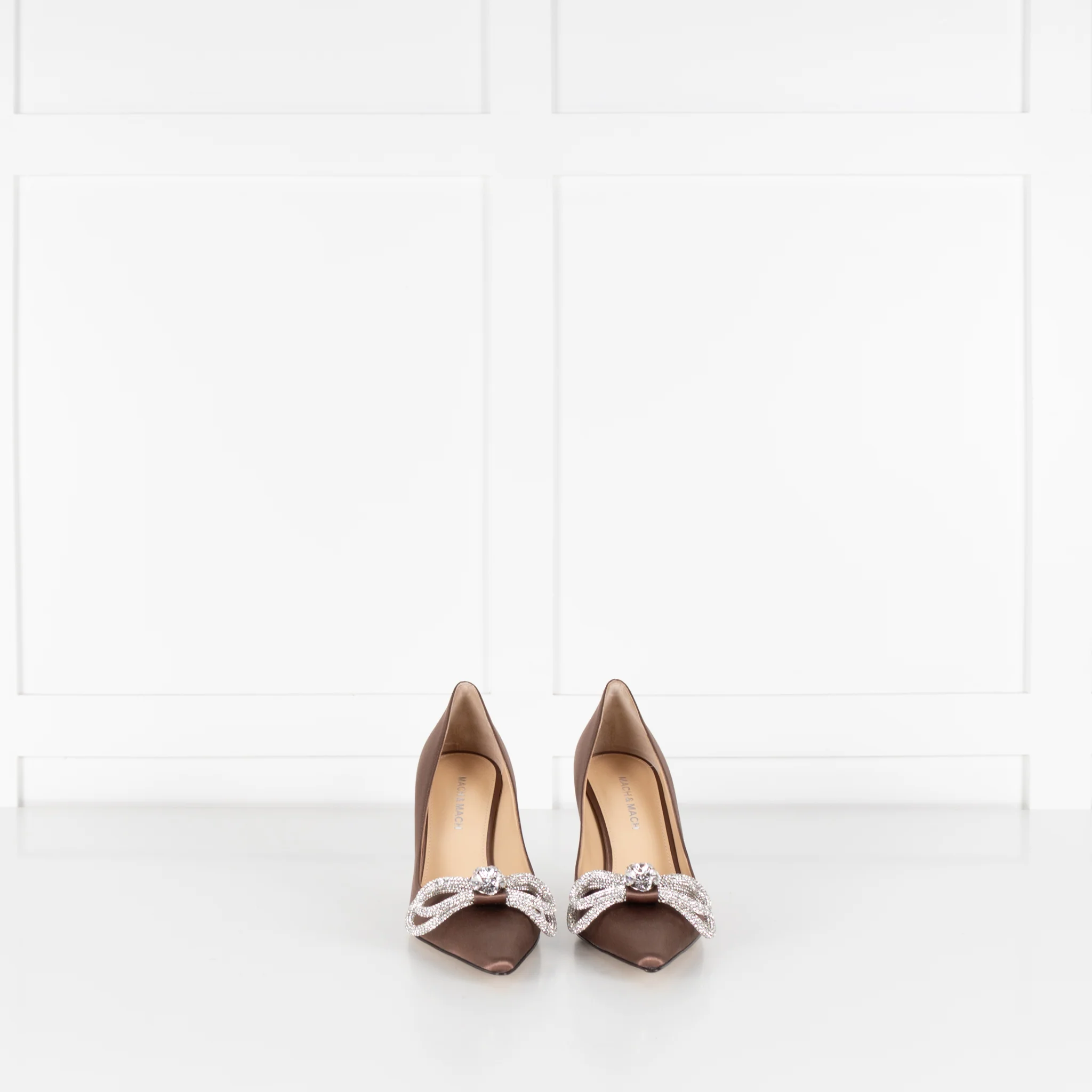 Mach & Mach Brown Satin Crystal Double Bow Shoes - Image 3