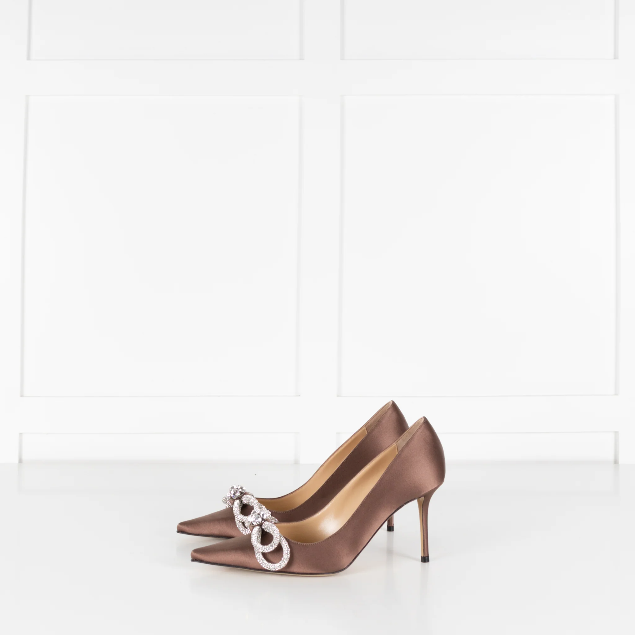 Mach & Mach Brown Satin Crystal Double Bow Shoes - Image 4