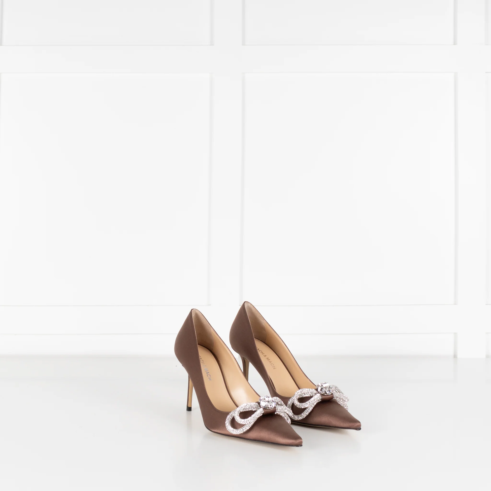 Mach & Mach Brown Satin Crystal Double Bow Shoes - Image 7
