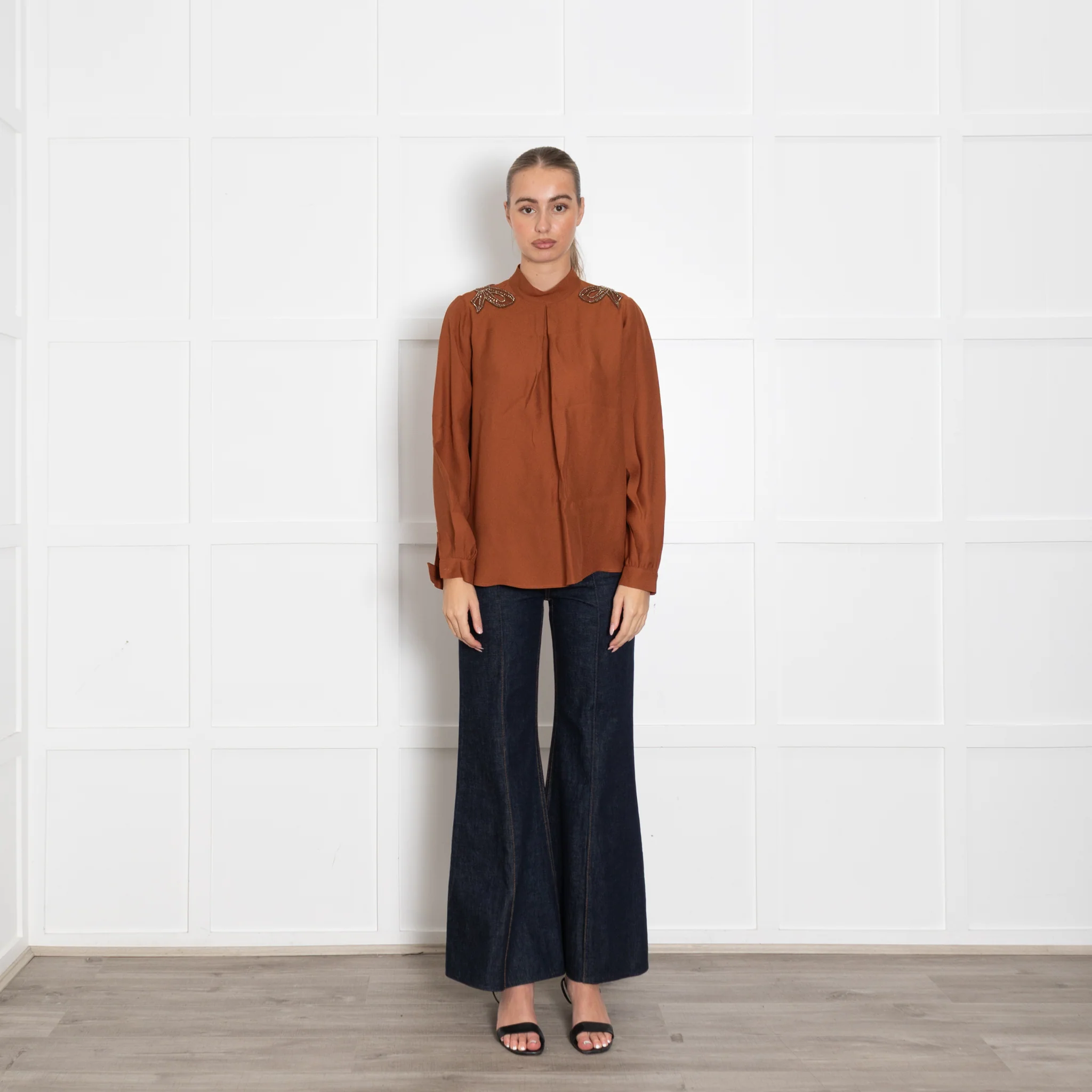 Machka Dark Tan Shirt With Crystal Shoulder Detail