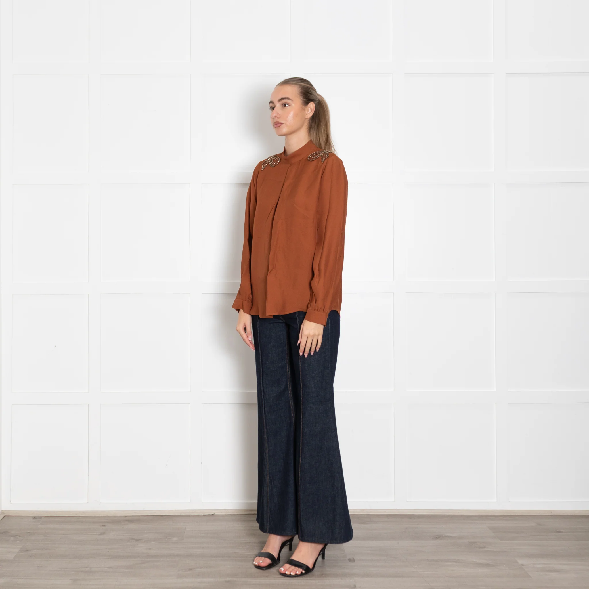 Machka Dark Tan Shirt With Crystal Shoulder Detail - Image 3