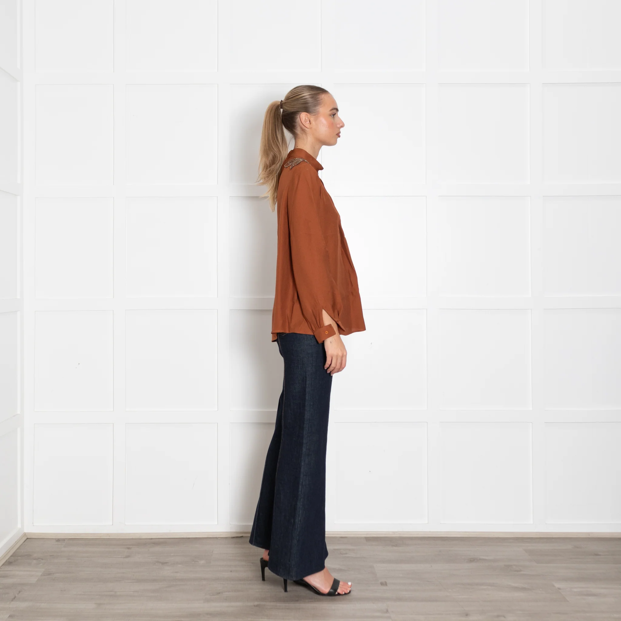 Machka Dark Tan Shirt With Crystal Shoulder Detail - Image 6