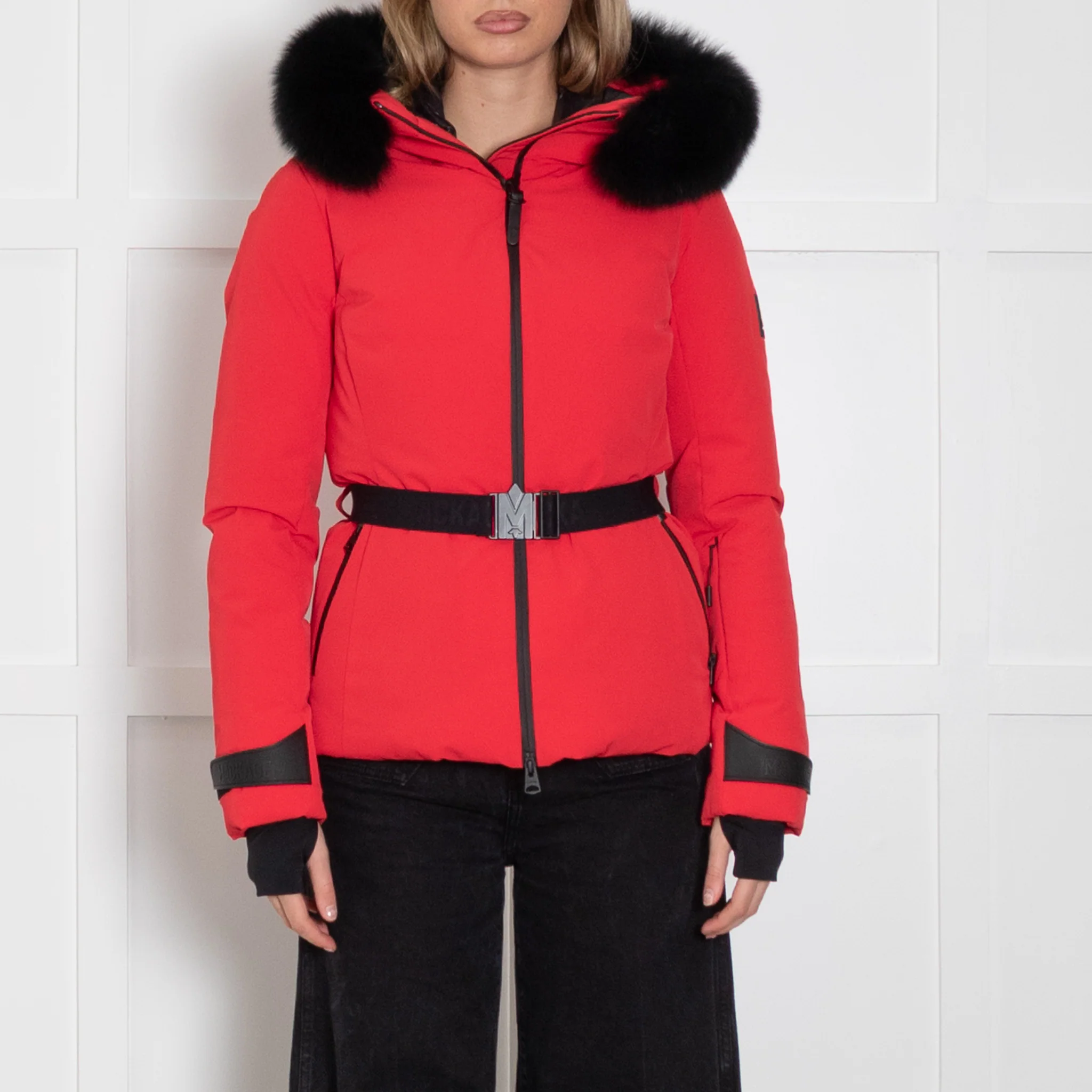 Mackage Krystal Red Black Fur Trim Hood Black Belt Ski Jacket - Image 2