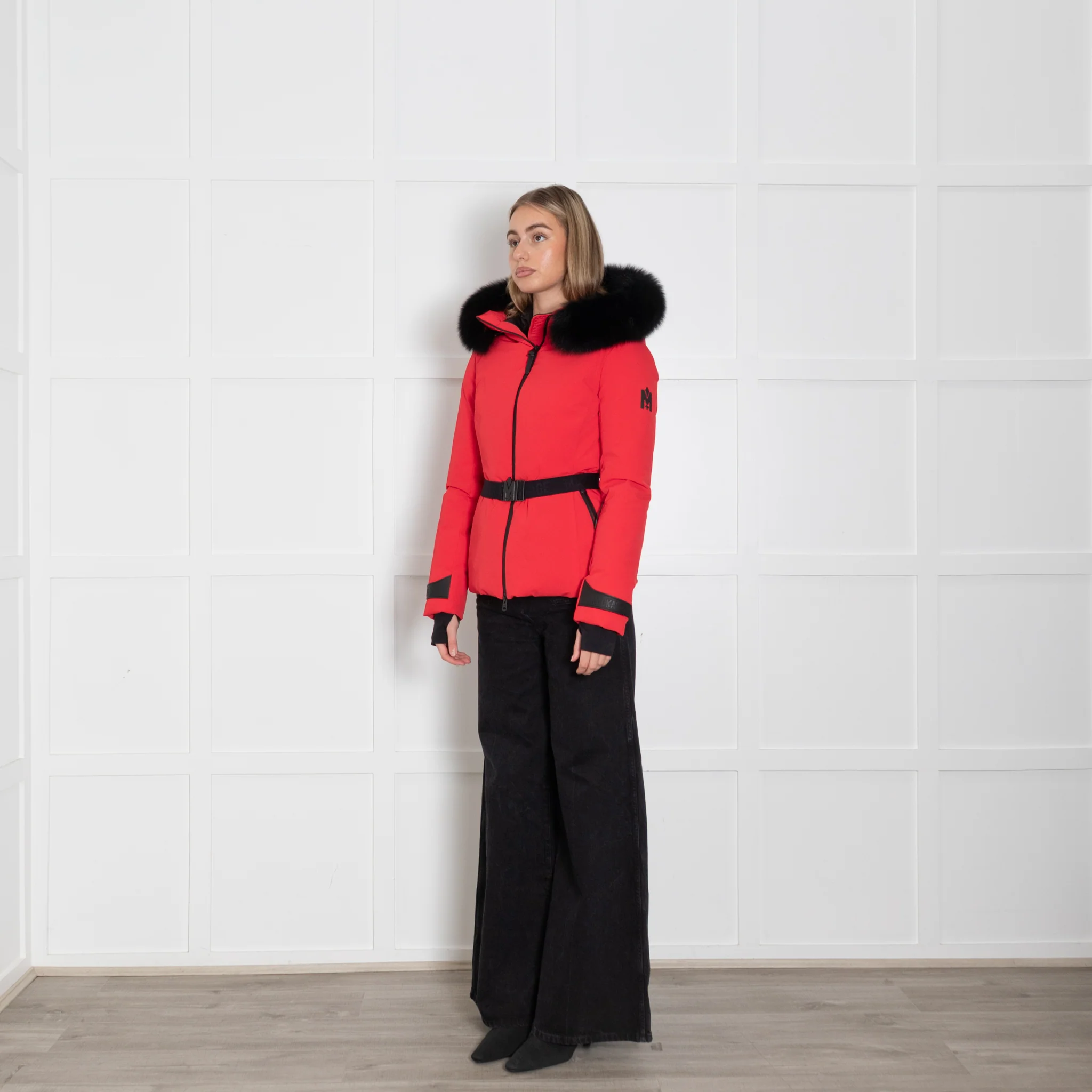 Mackage Krystal Red Black Fur Trim Hood Black Belt Ski Jacket - Image 3