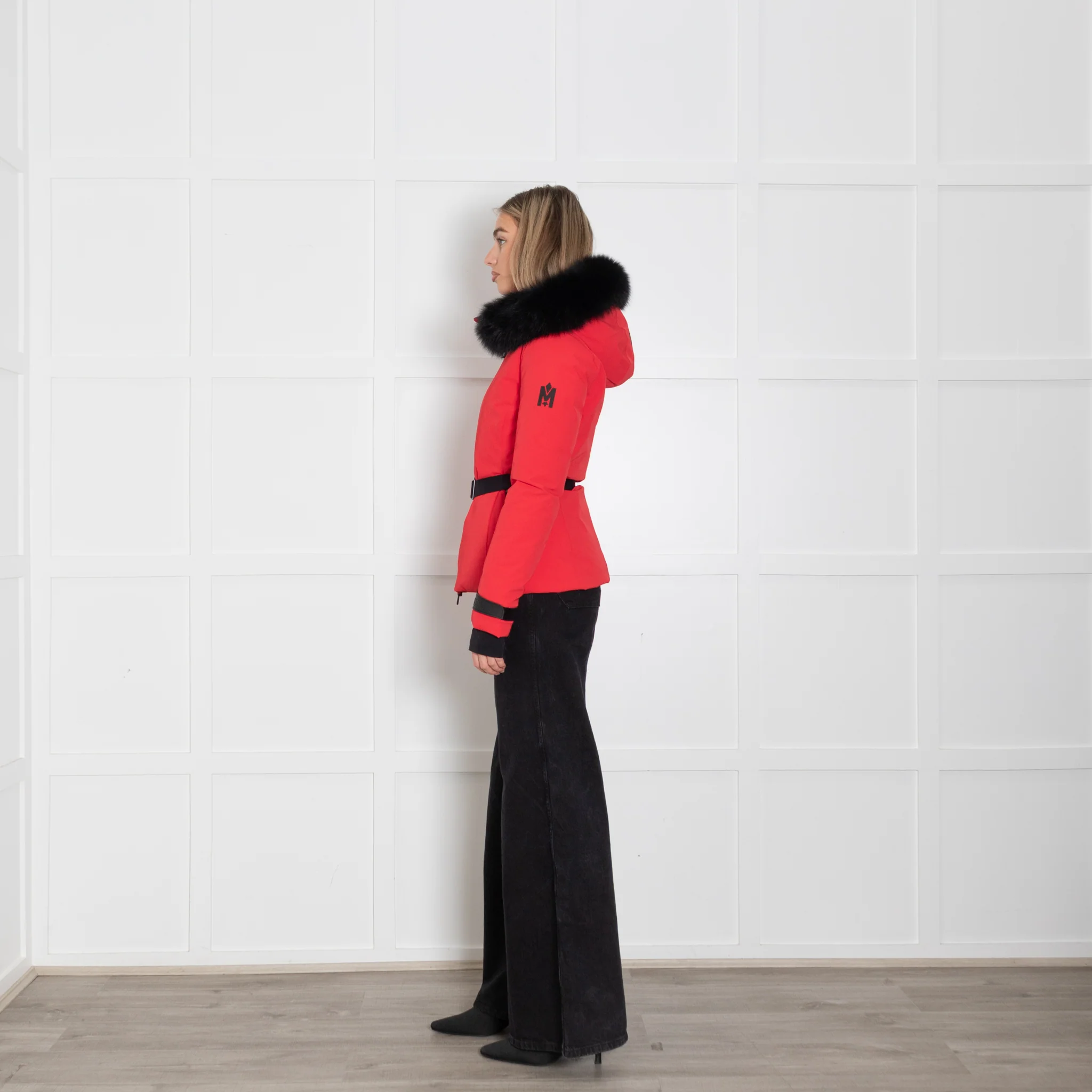 Mackage Krystal Red Black Fur Trim Hood Black Belt Ski Jacket - Image 4