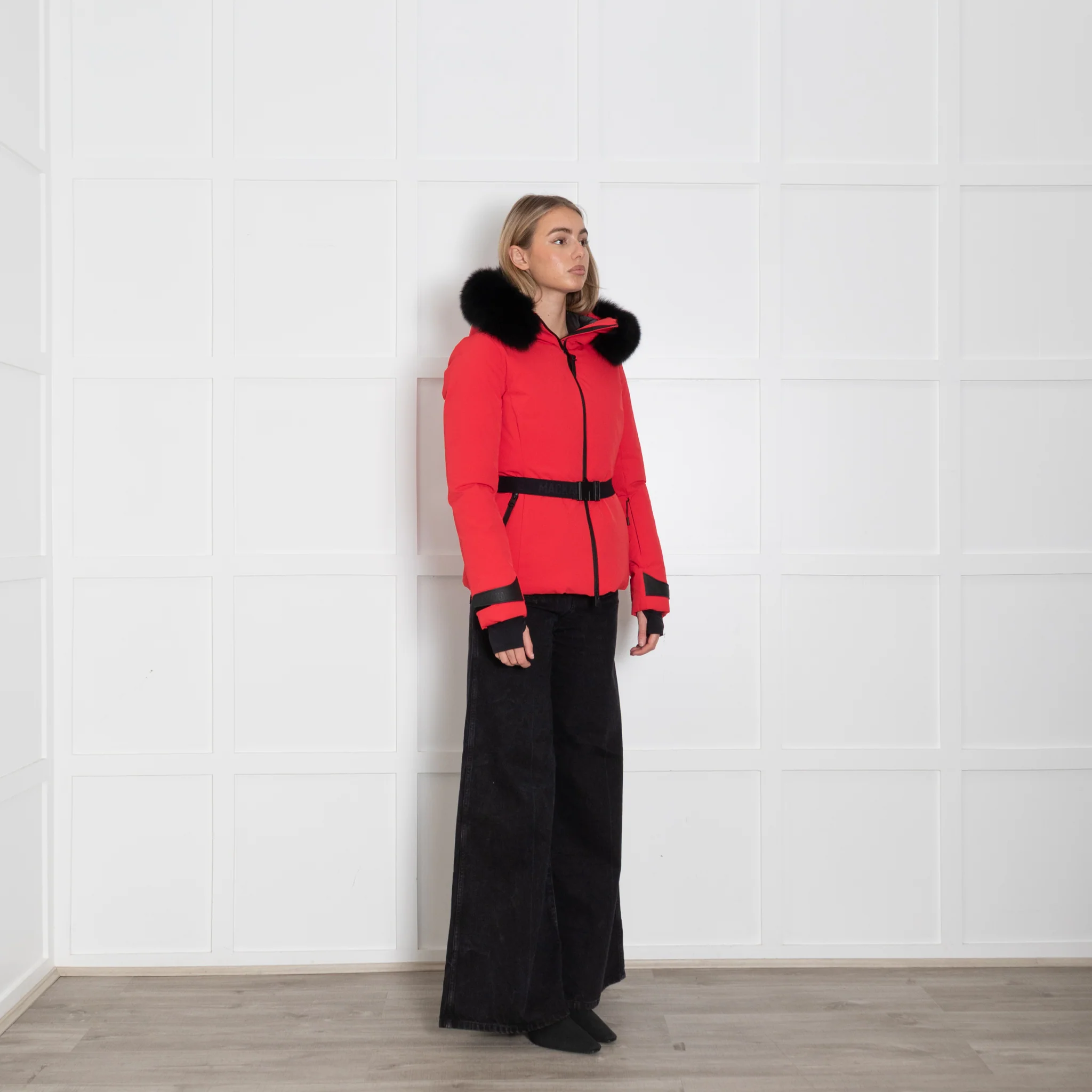 Mackage Krystal Red Black Fur Trim Hood Black Belt Ski Jacket - Image 7