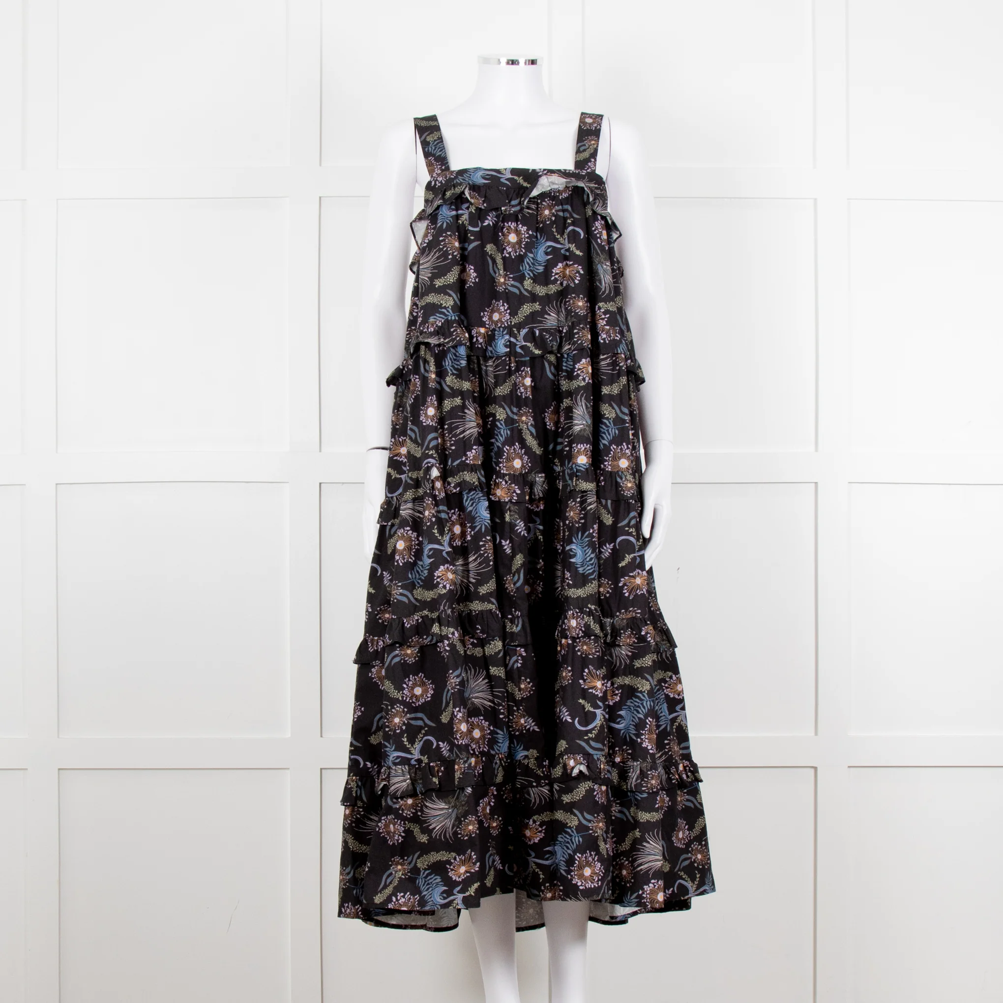 Magali Pascal Black Purple Floral Cotton Tiered Sleeveless Long Dress
