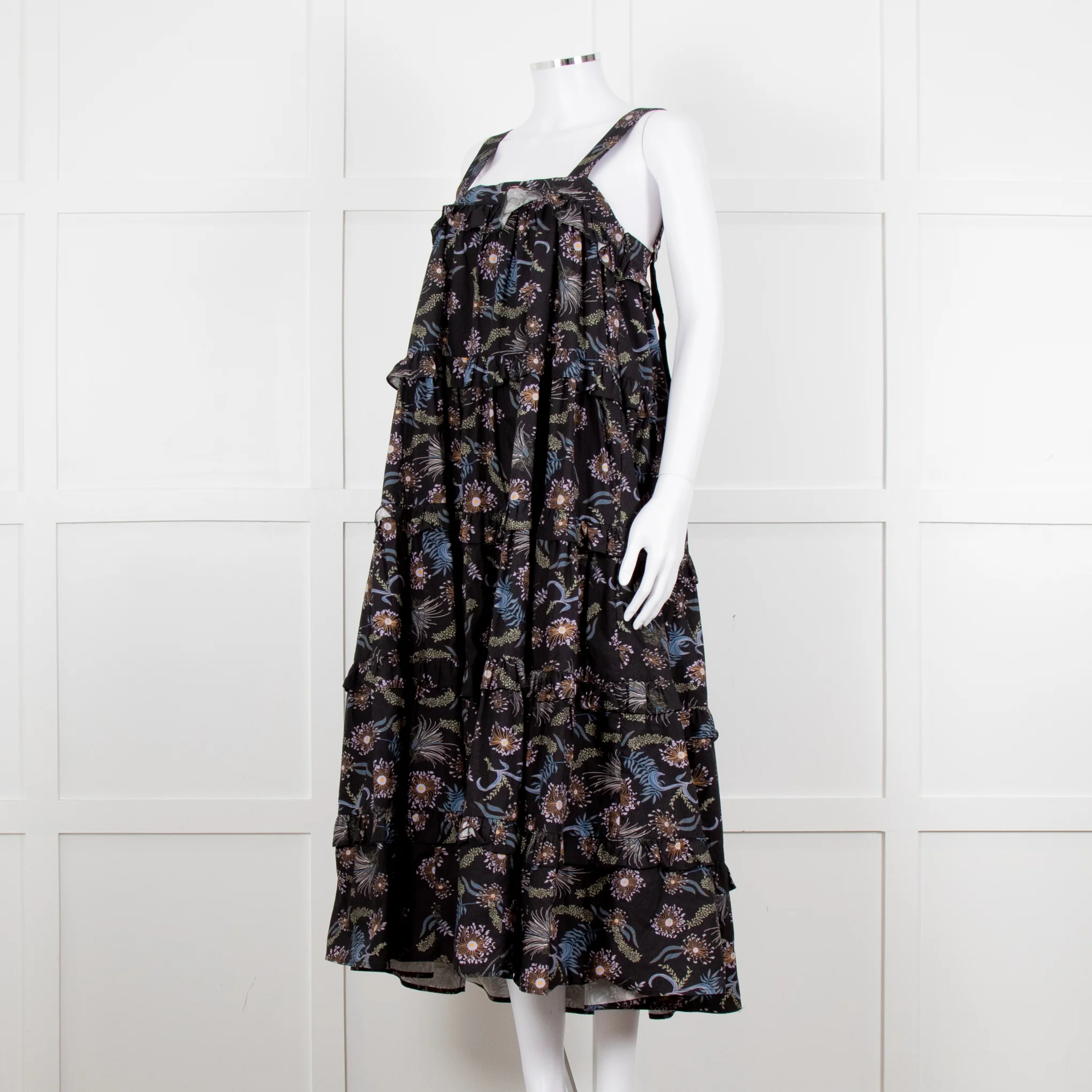 Magali Pascal Black Purple Floral Cotton Tiered Sleeveless Long Dress - Image 2