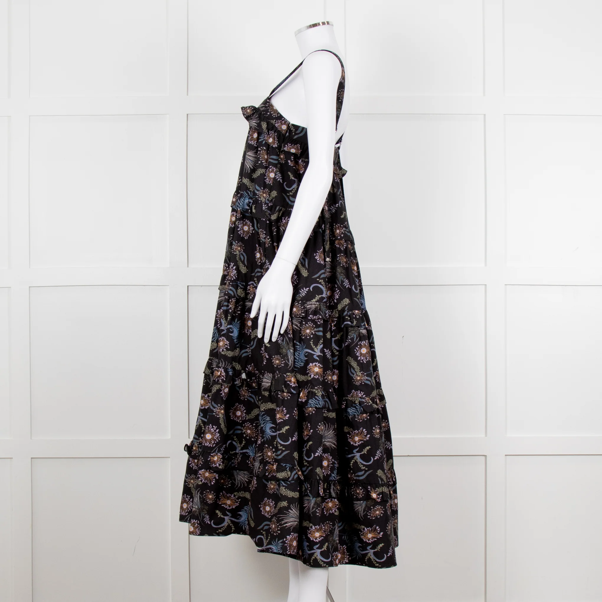 Magali Pascal Black Purple Floral Cotton Tiered Sleeveless Long Dress - Image 3